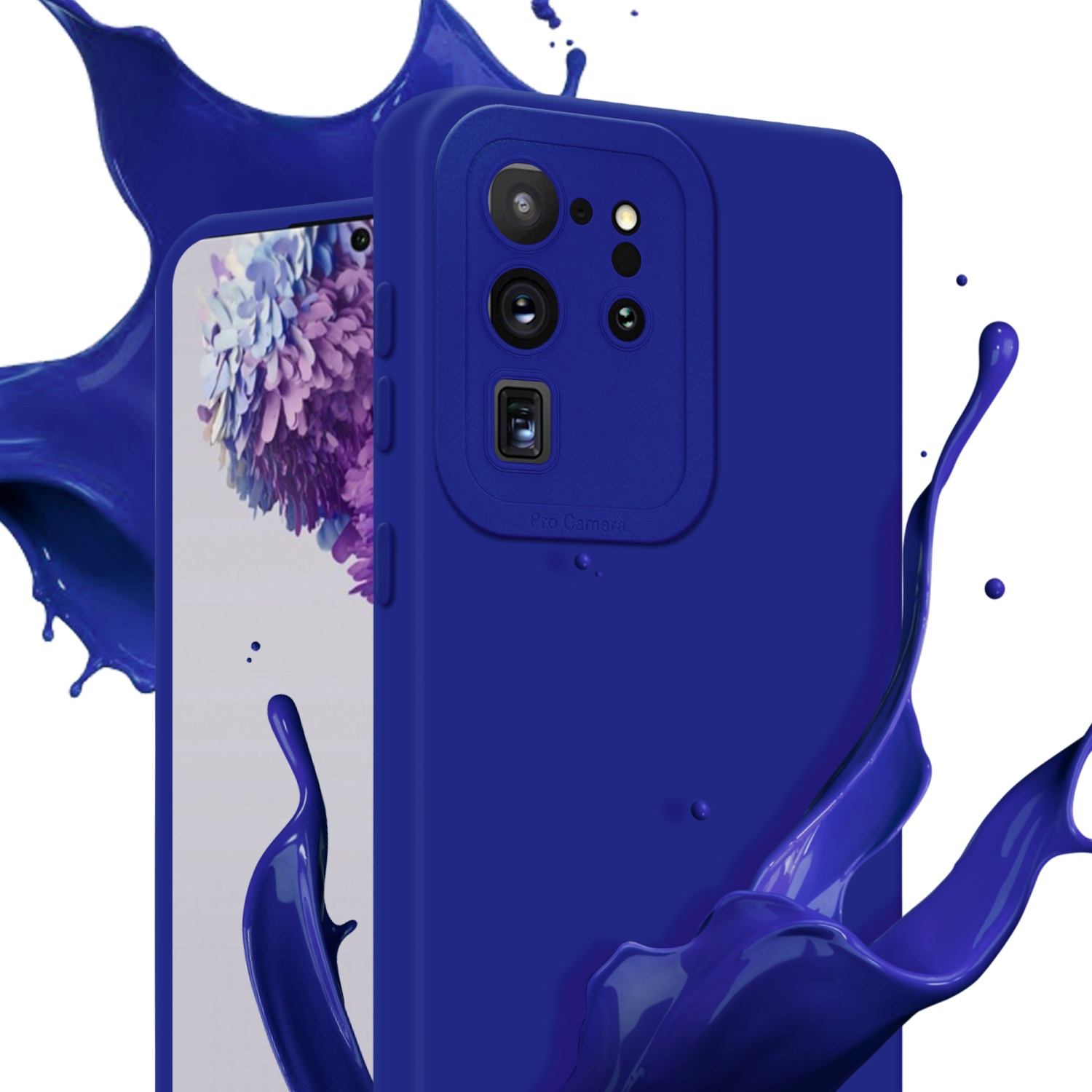 Un telefono blu con una custodia, con effetto spruzzo di vernice blu. Lo schermo è viola.