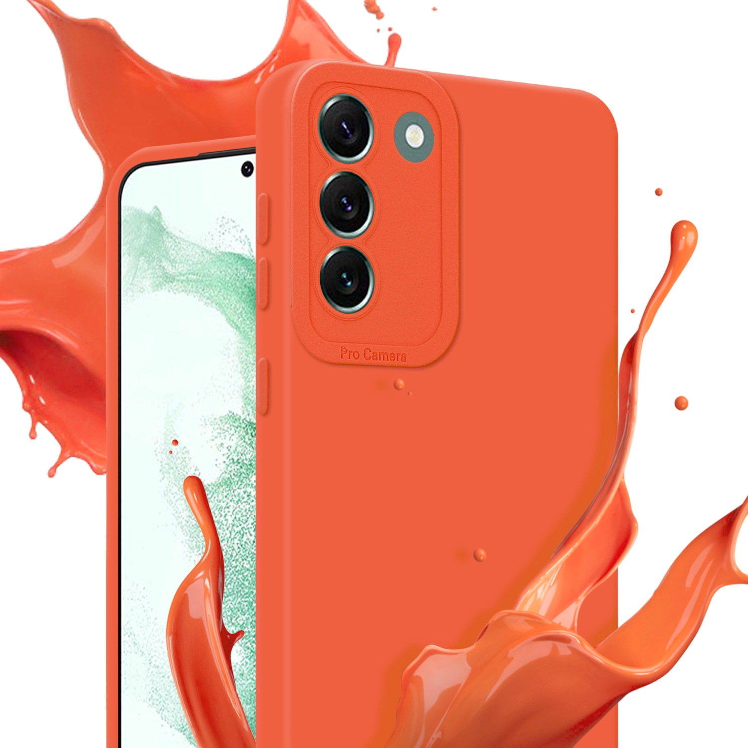 Custodia arancione con telefono visibile e spruzzo di colore arancione.