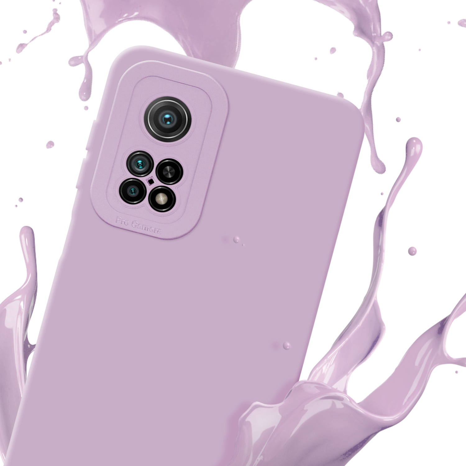 Una custodia lavanda per telefono con quattro fotocamere. Schizzi di vernice lavanda sullo sfondo.