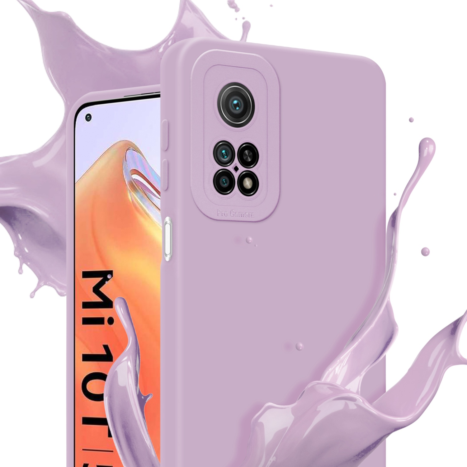 Custodia e telefono viola con testo Mi 10T Lite, schizzo di vernice viola su bianco.