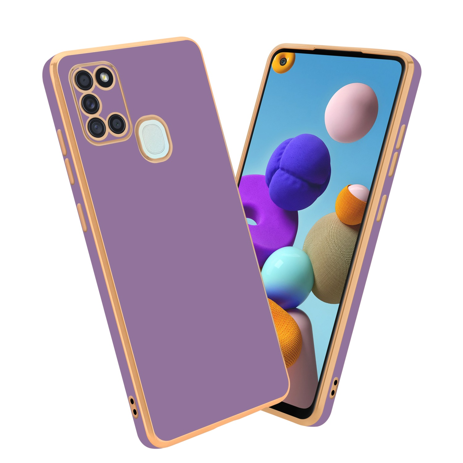 Lila Handyhülle mit goldenen Rändern und Telefonbildschirm mit bunten Kugeln.