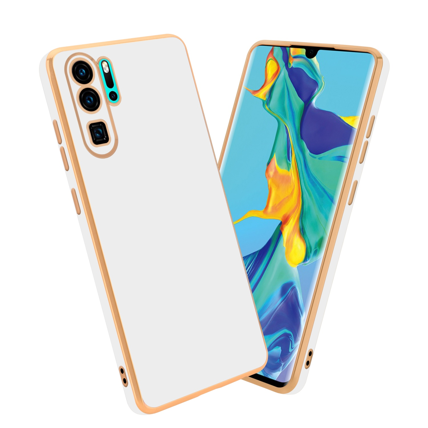 Weiße Handyhülle mit Goldrand neben einem Telefon mit Display.