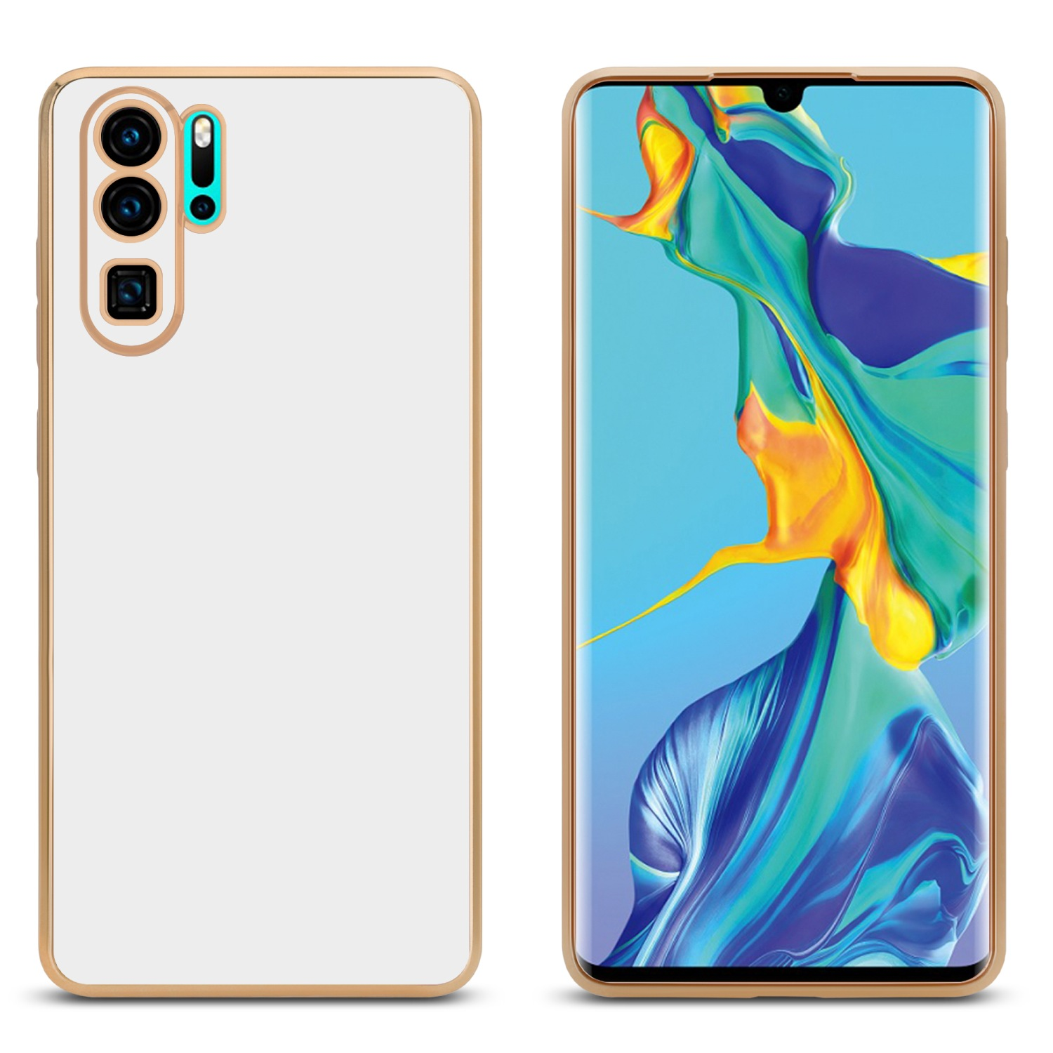 Zwei Telefone mit goldfarbenen Rahmen und weißem Rücken, eines mit farbenfrohem Bildschirm.