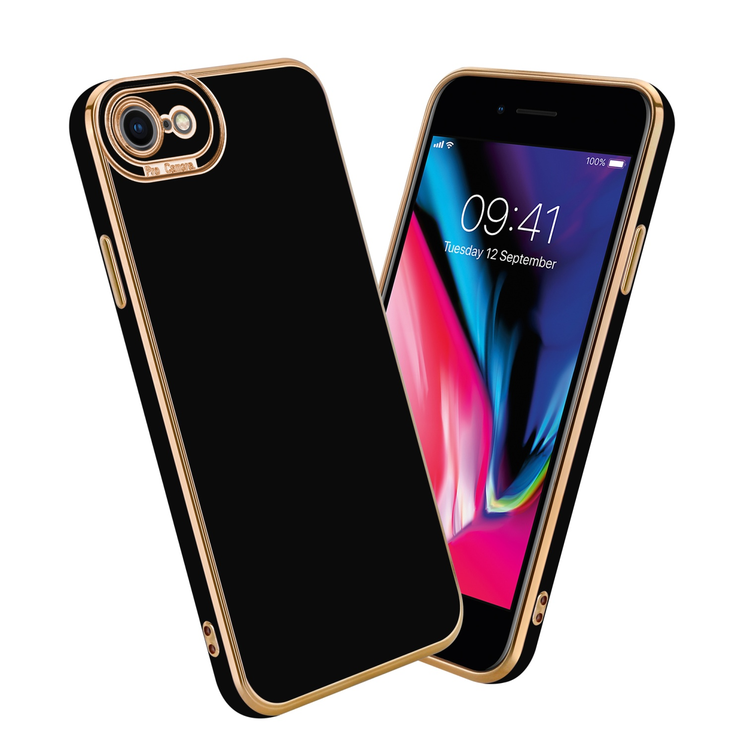 Schwarze iPhone-Hülle mit goldfarbenem Rand, mit einem iPhone, das ein farbenfrohes Hintergrundbild zeigt.