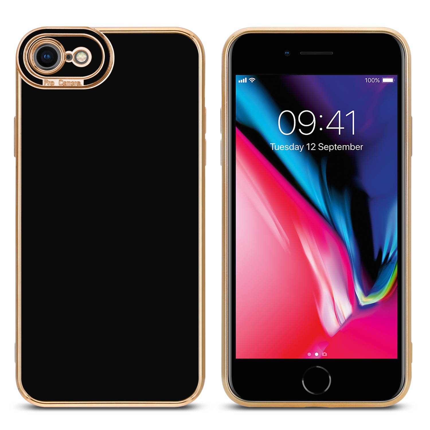 Zwei Telefone, eins schwarz mit Goldrand, das andere Bildschirm.