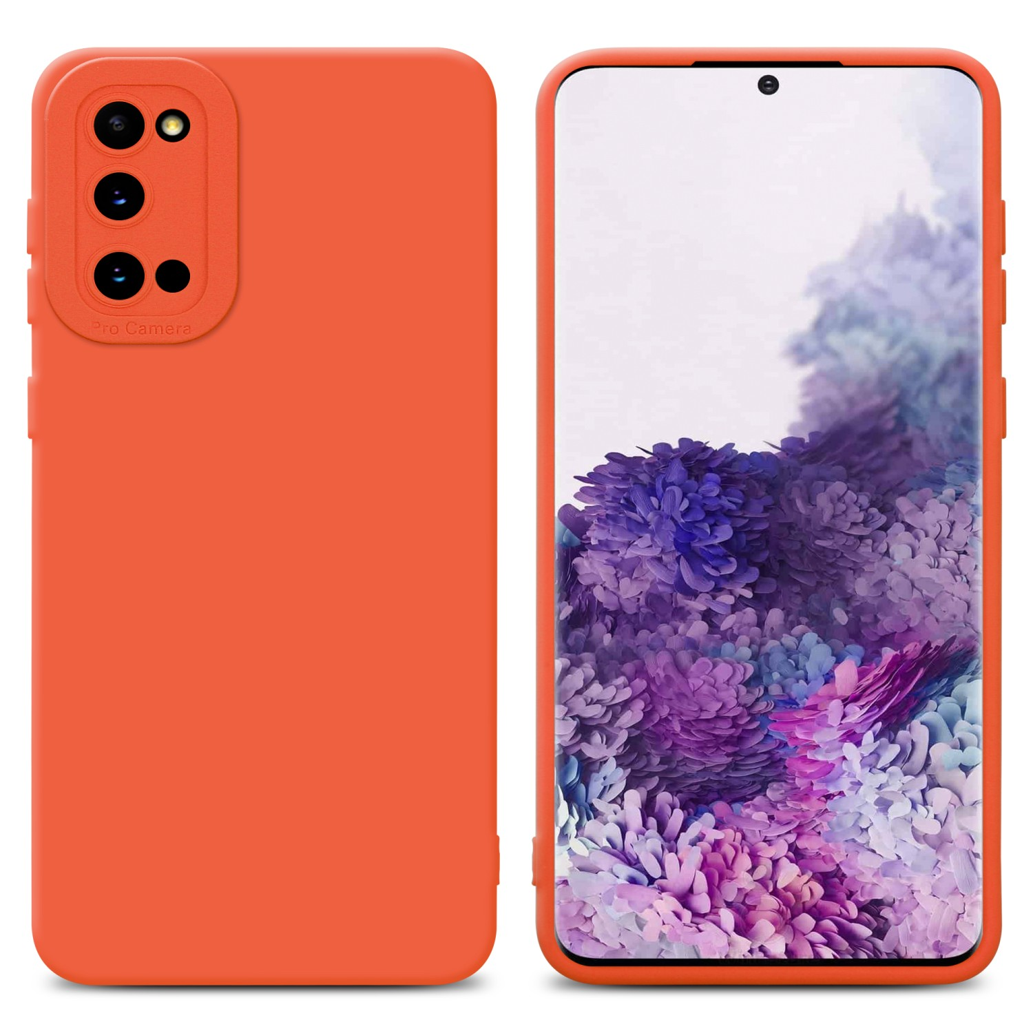 Orangene Handyhüllen, eine zeigt das Telefondisplay. Der Hintergrund ist weiß.