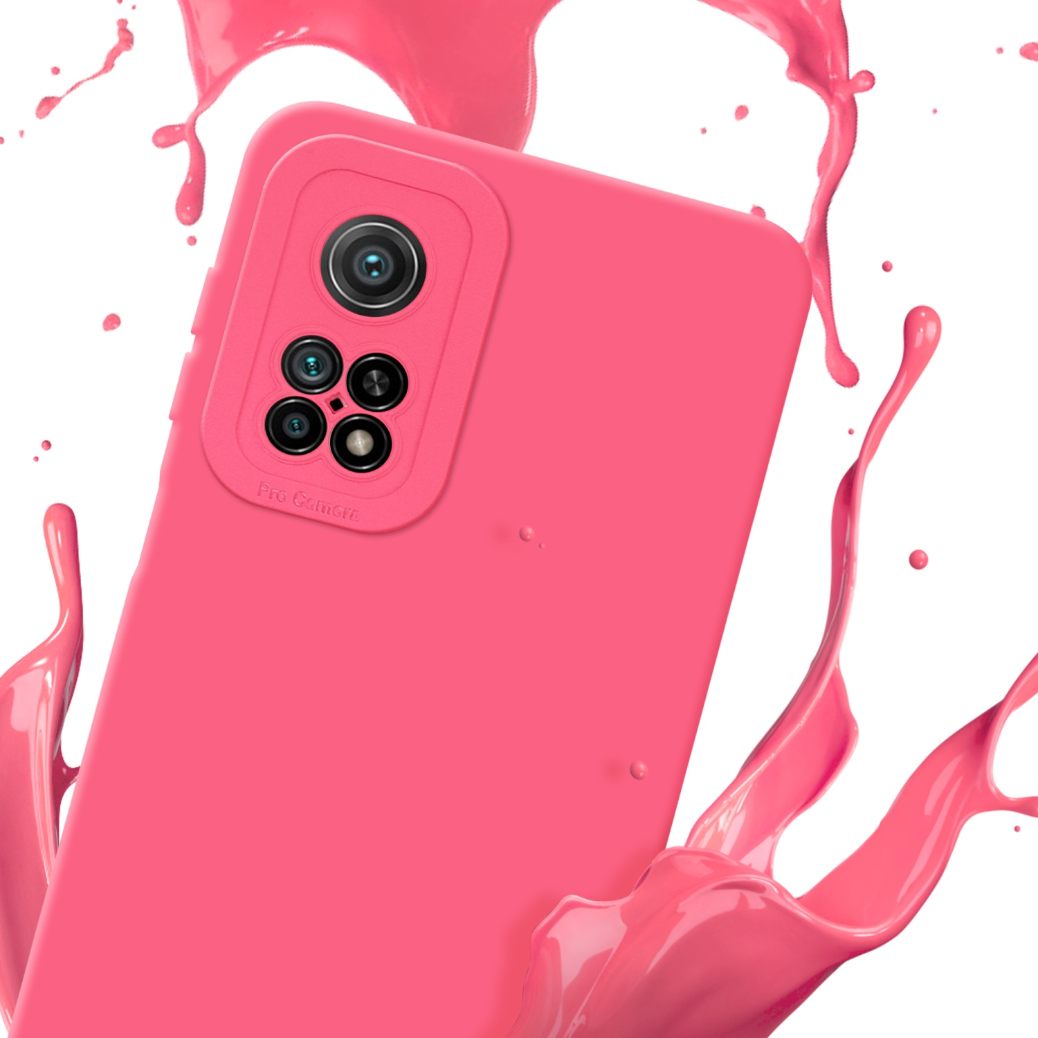 Custodia rosa per telefono con schizzi di liquido rosa. Primo piano delle lenti della fotocamera.