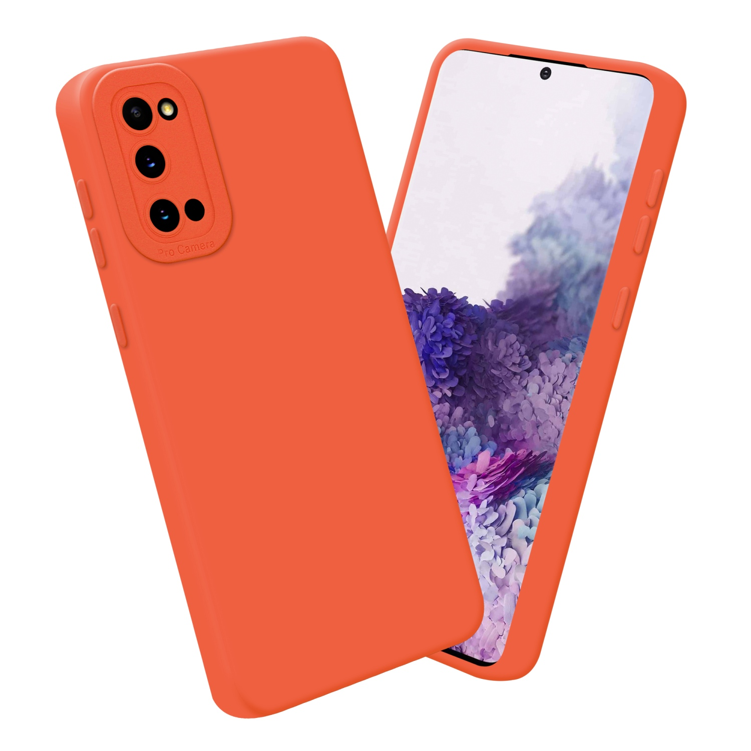 Orangene Handyhülle, mit getrenntem Telefon und Hülle. Pro-Kamera-Text sichtbar.