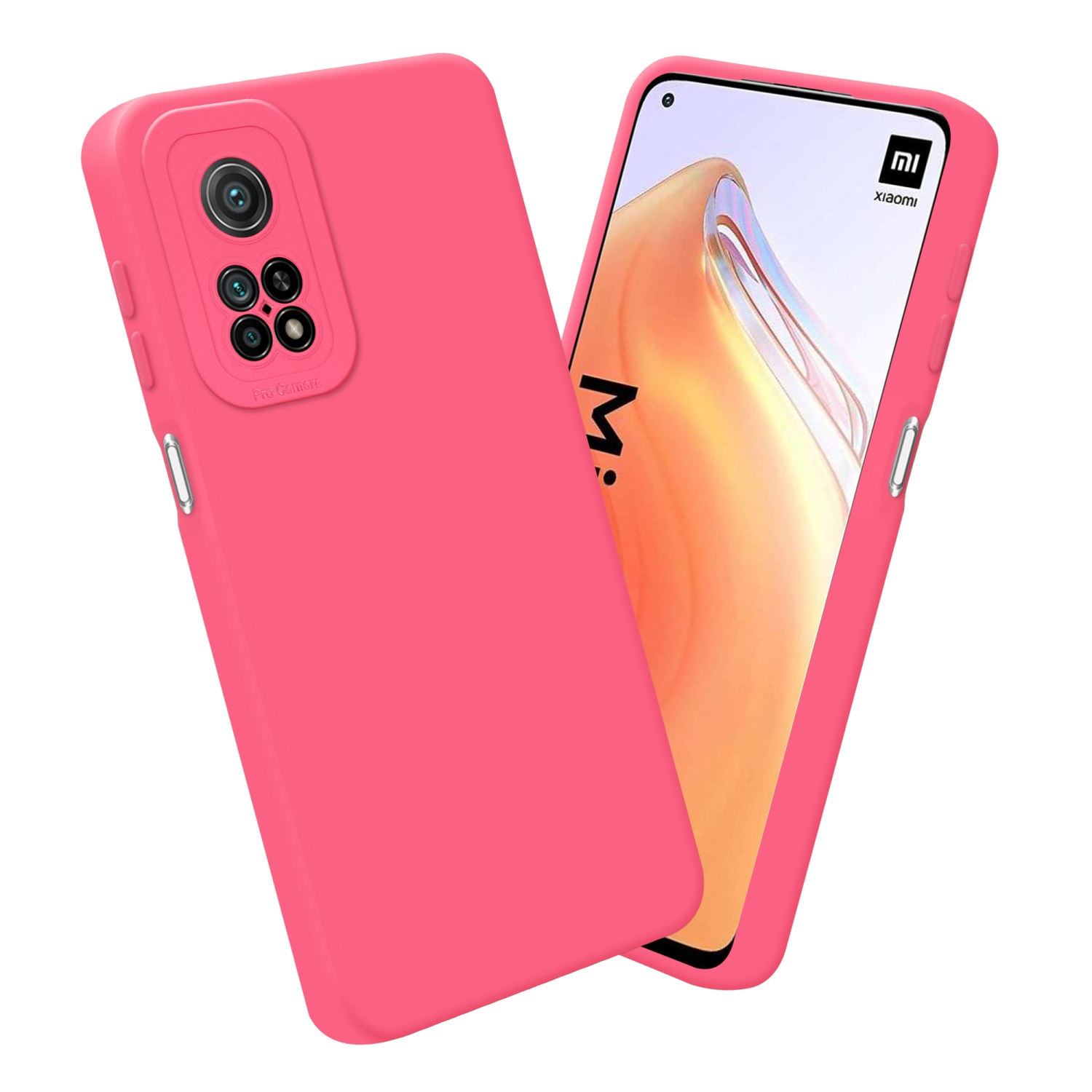 Custodia rosa e telefono con schermo. Mostra una custodia rosa con telefono e schermo.