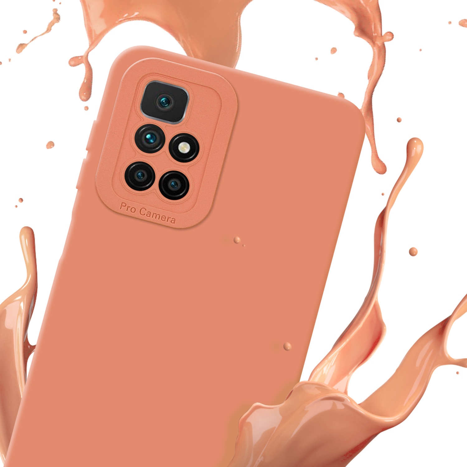 Un étui de téléphone orange avec une éclaboussure de peinture orange. La bosse de la caméra est visible.