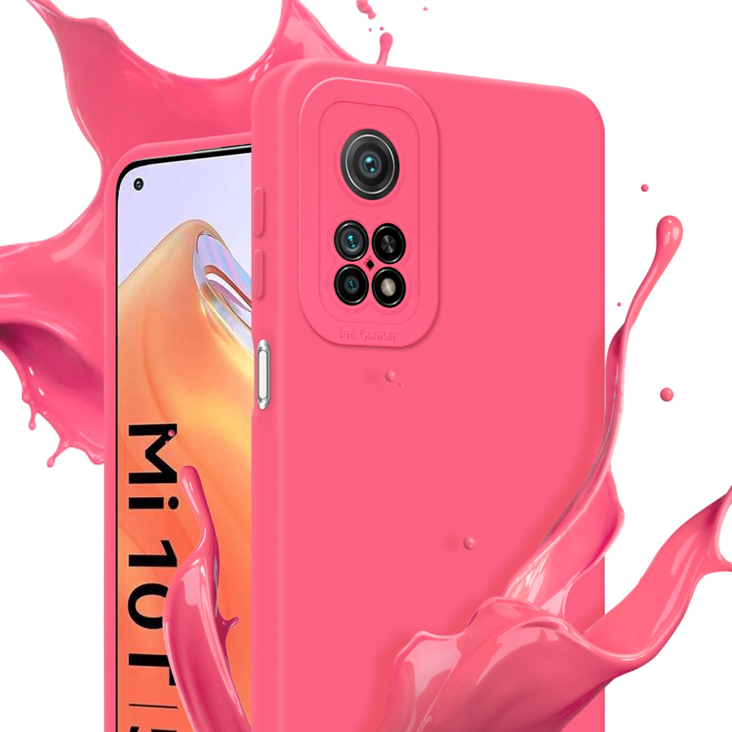 Custodia rosa con ritaglio per fotocamera, con schizzi di liquido rosa.