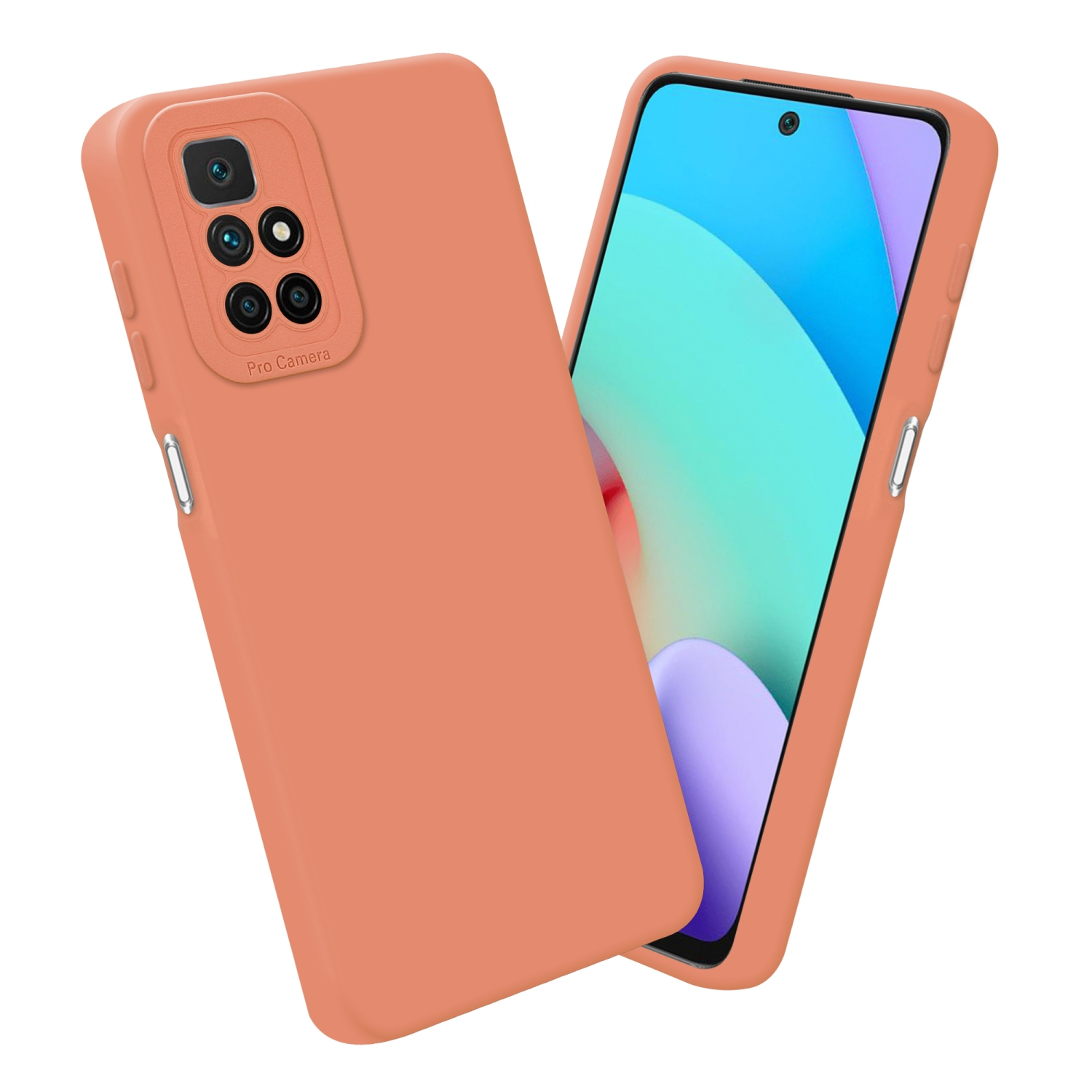 Une coque de téléphone orange et un téléphone avec un écran affichant un fond coloré sont présentés.