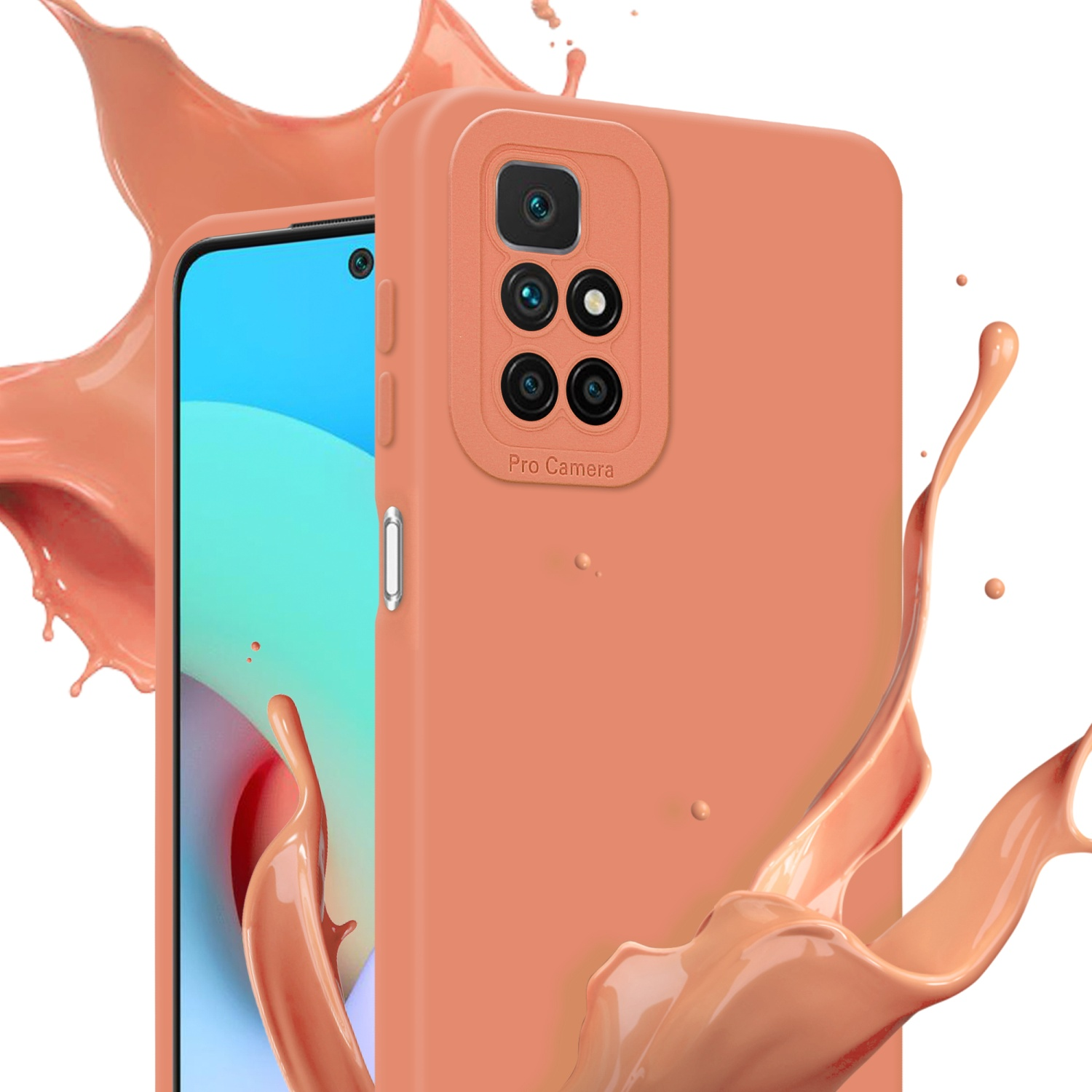 Coque et téléphone pêche, éclaboussure de chocolat. Heure visible sur l'écran du téléphone.