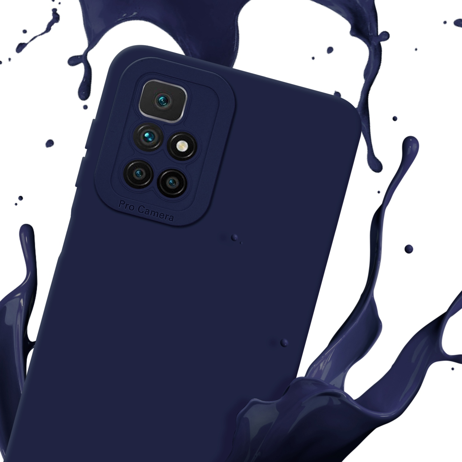 Dunkelblaue Handyhülle mit Kamera, mit blauem Farbspritzer. Das Telefon befindet sich rechts.