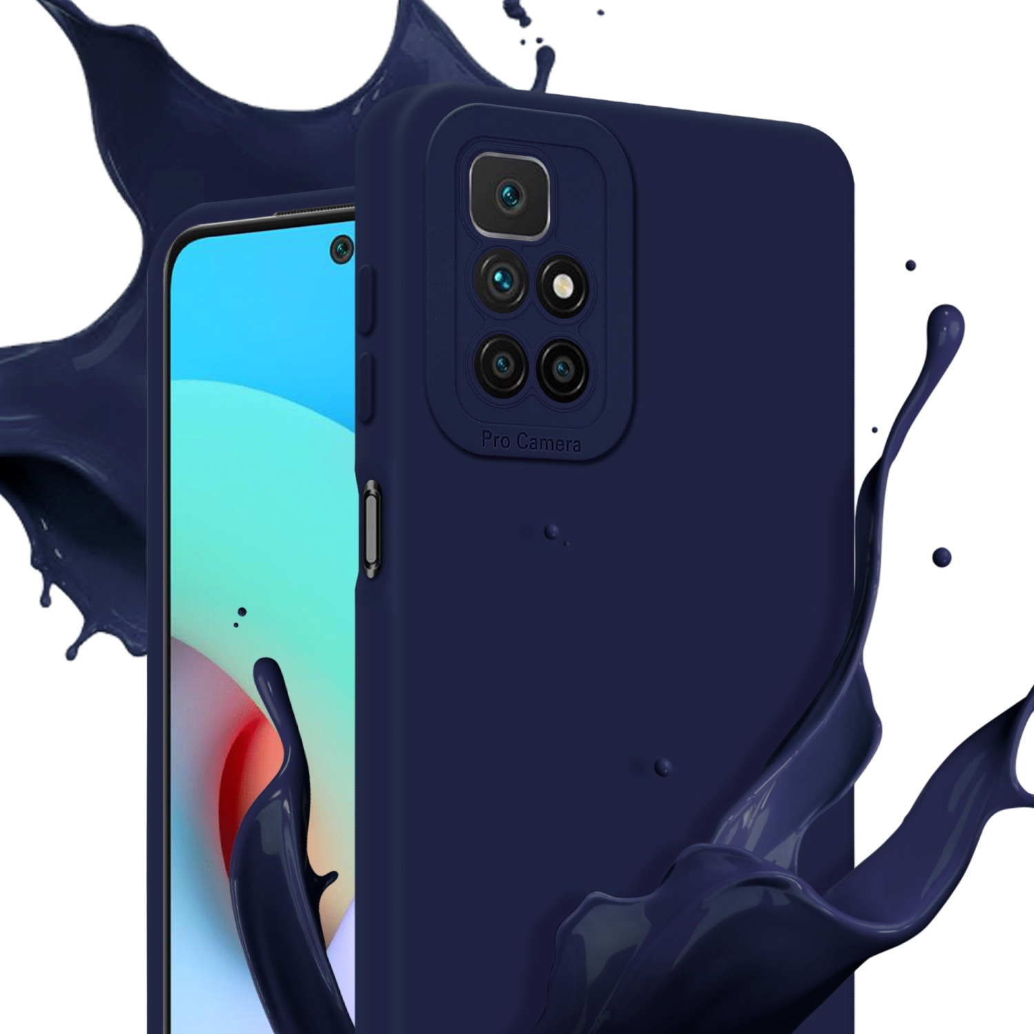 Eine marineblaue Handyhülle mit einem Telefonbildschirm, marineblauer Farbspritzer im Hintergrund.