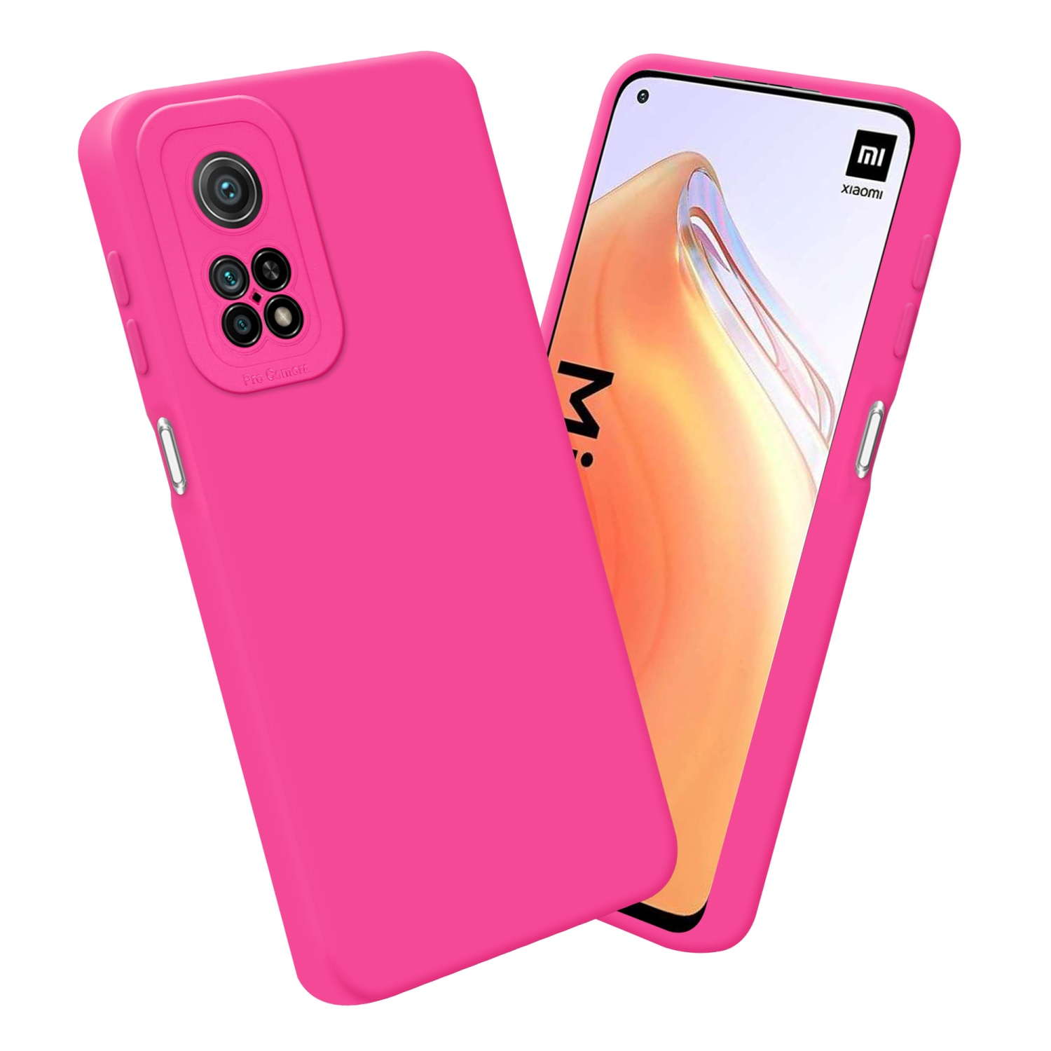 Rosa Handyhülle mit Kameraausbuchtung und Telefon. Telefonbildschirm sichtbar. Weißer Hintergrund.