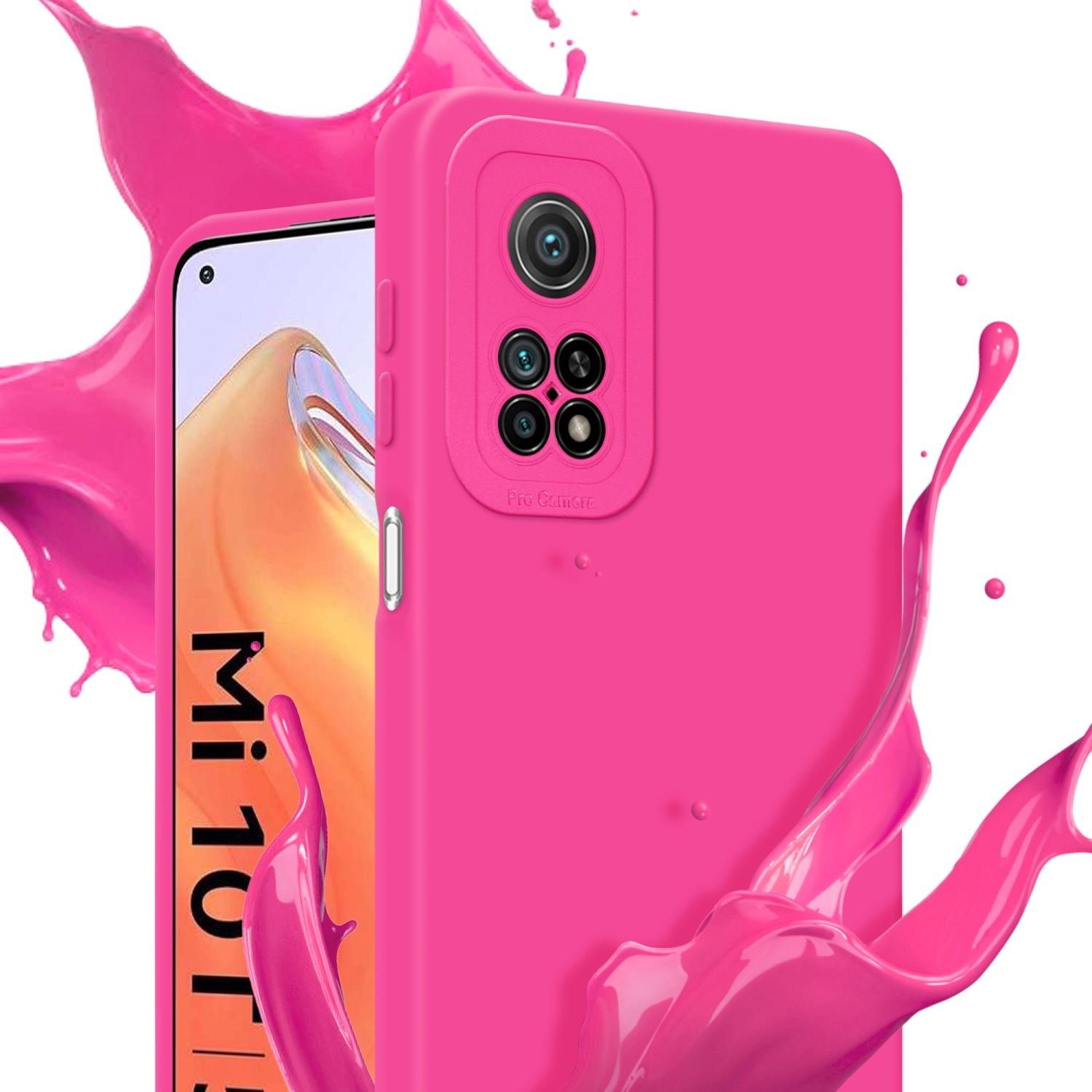 Rosa Handyhülle mit eingesetztem Telefon. Telefon hat mehrere Kameras. Farbspritzer.