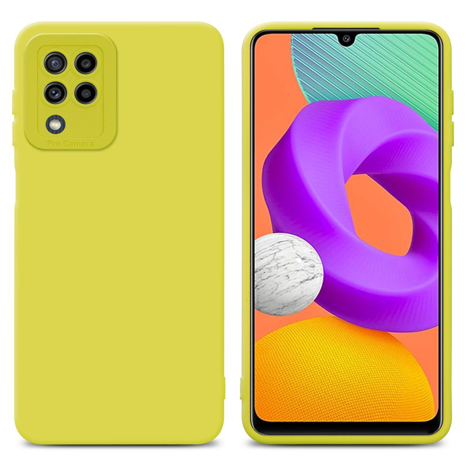Custodia gialla per telefono e telefono con schermo colorato.