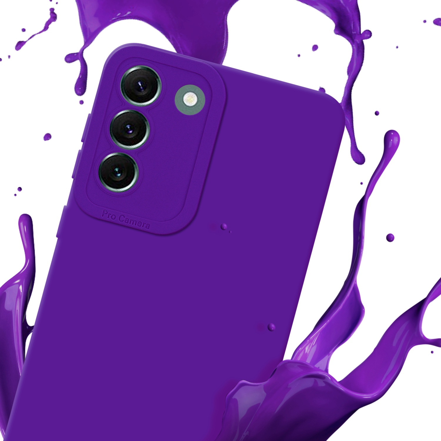 Custodia viola per telefono con schizzi di vernice. Testo Pro Camera visibile.