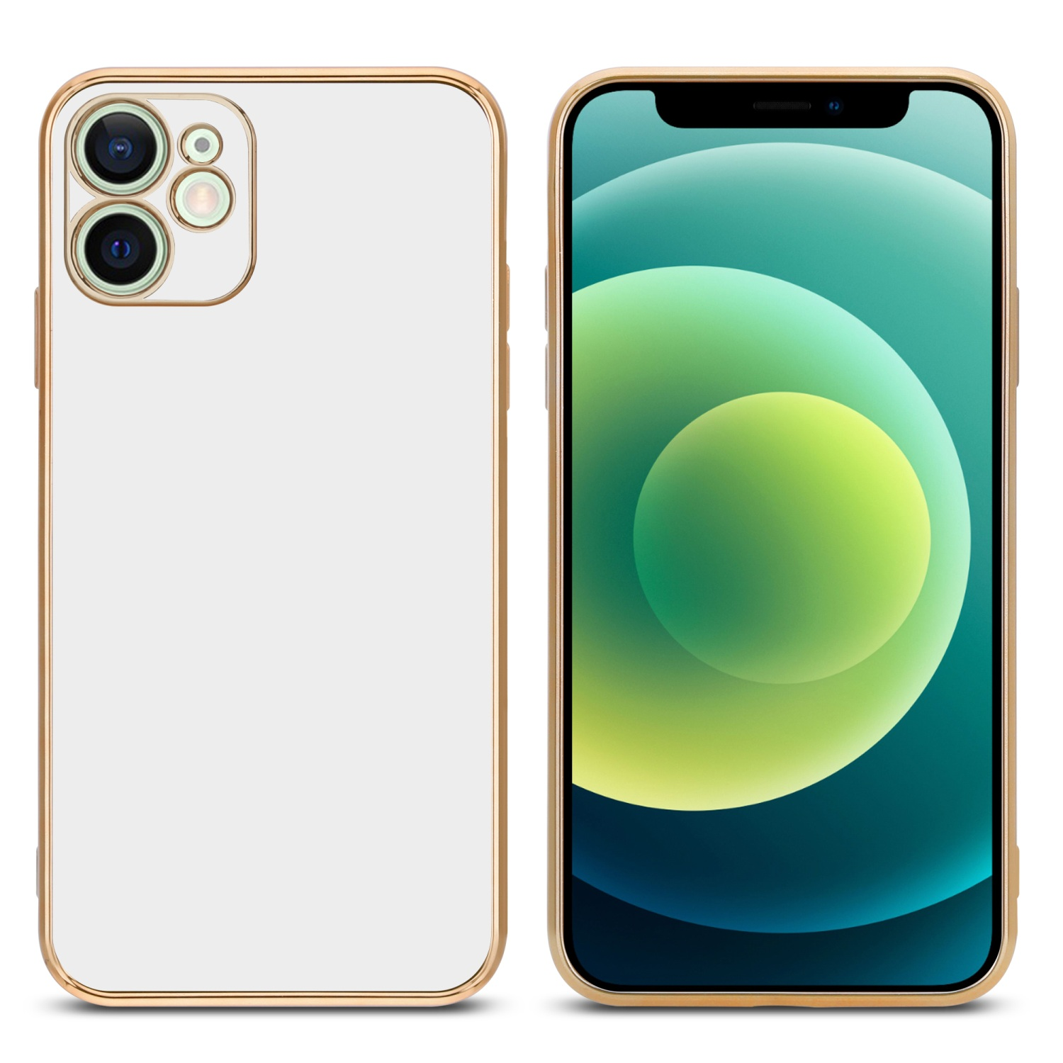 Weiße Handyhülle mit goldenem Rand und Telefonbildschirm rechts.