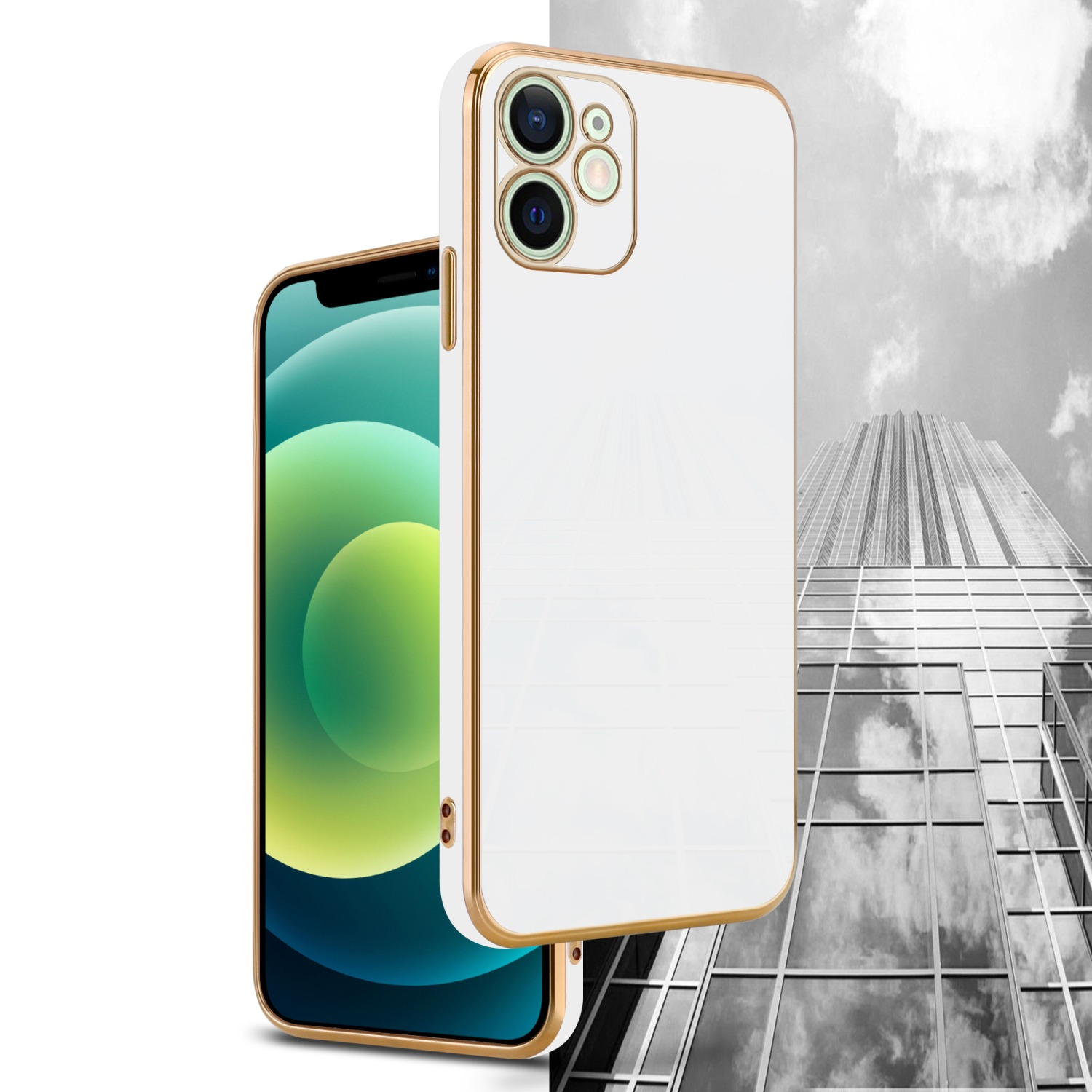 Handyhüllen, die ein weißes Telefon mit goldenem Rand zeigen. Hintergrund ist ein modernes Gebäude und Himmel.