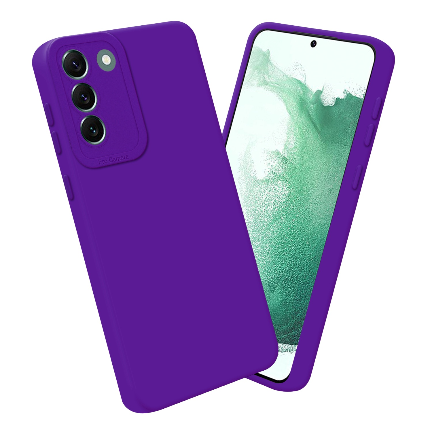 Custodia e telefono viola. Tre obiettivi della fotocamera. Sfondo bianco.