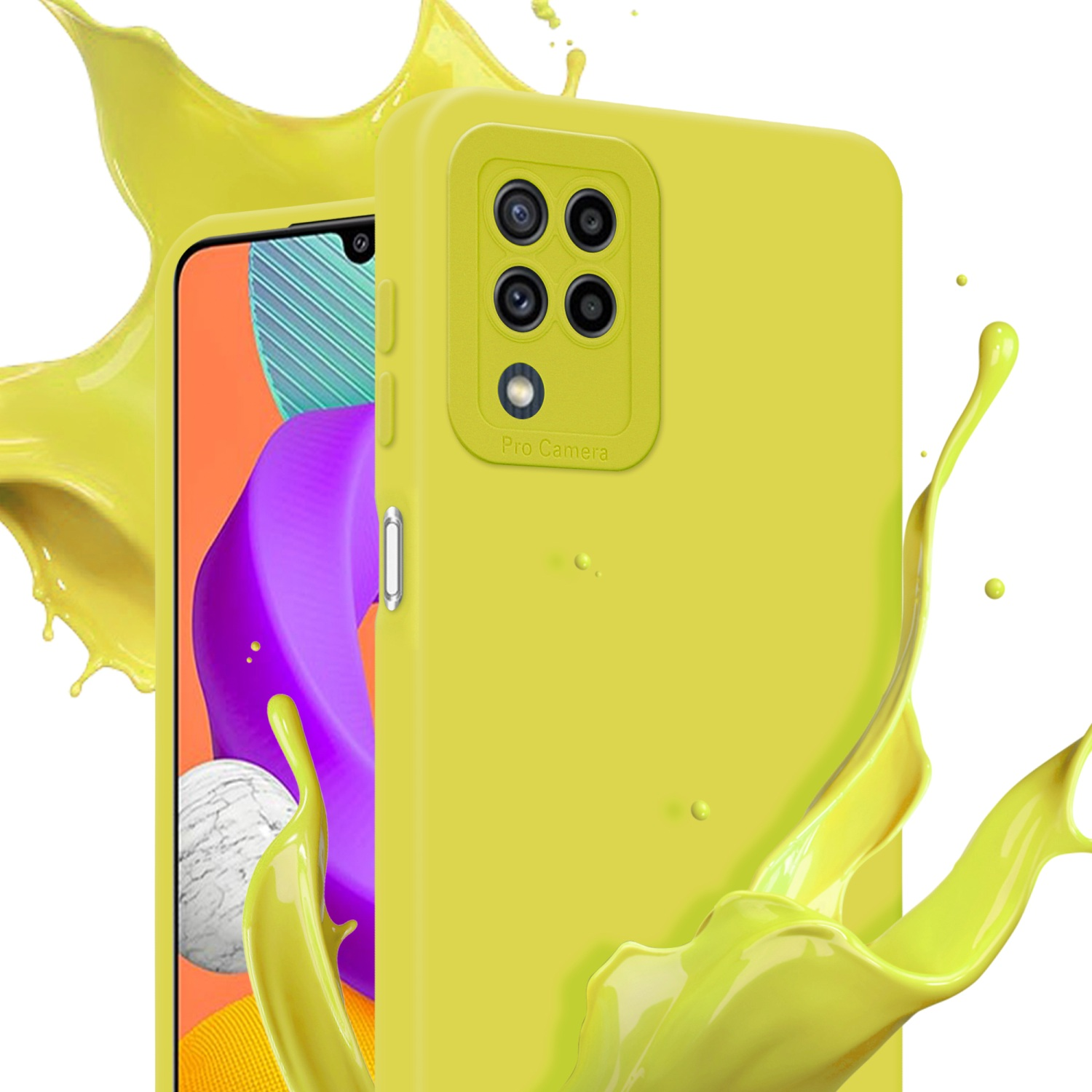 Una custodia per telefono gialla con uno schizzo di vernice gialla. Schermo visibile.