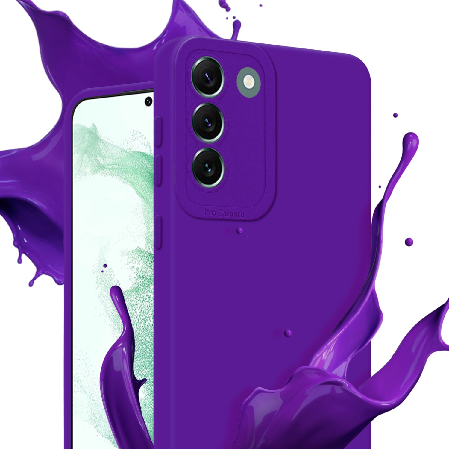 Telefono viola con tripla fotocamera e custodia viola, schizzi di vernice viola sullo sfondo.