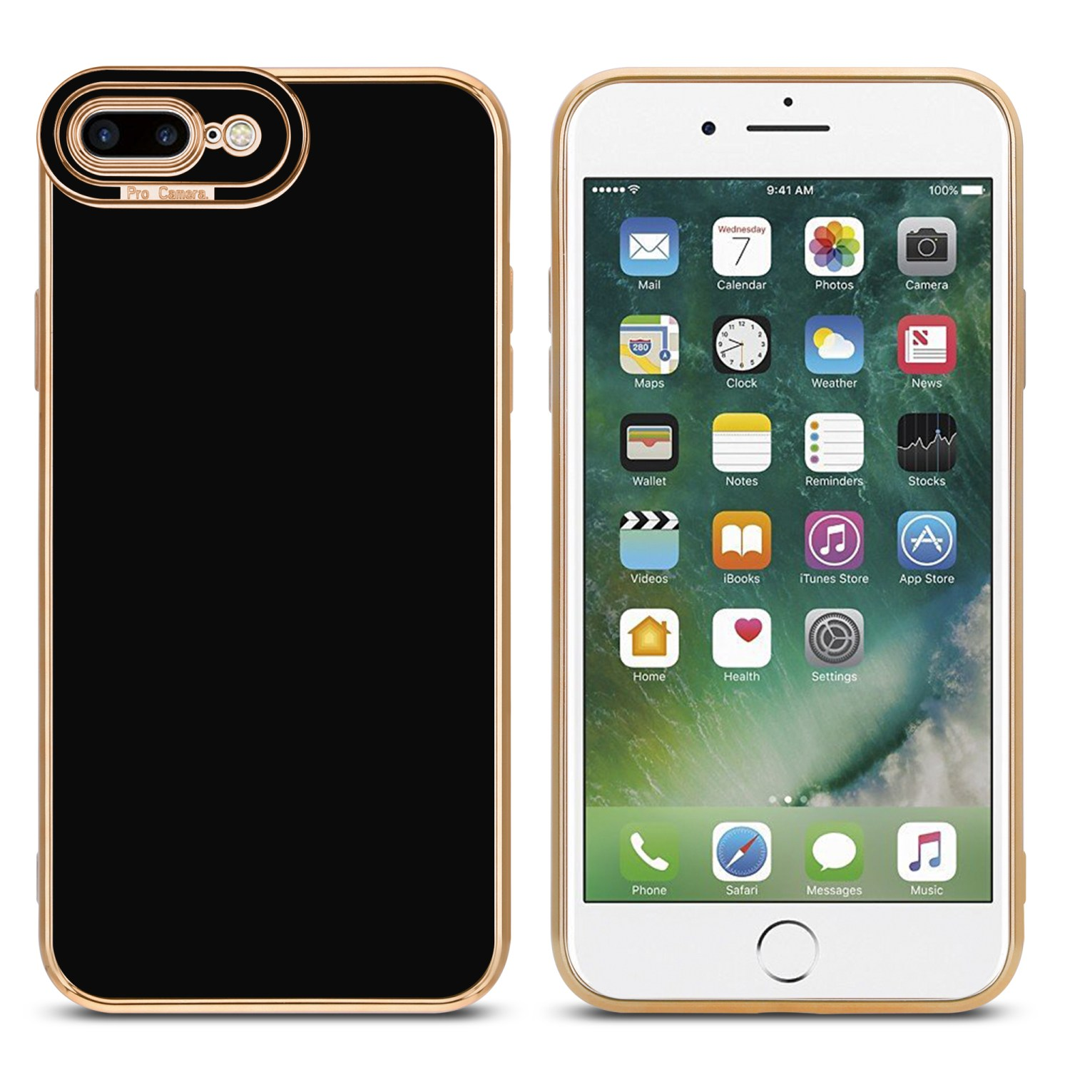 PLUS 7 Rosé iPhone - PLUS Apple, Kameraschutz, Gold Schutzhülle Backcover, / CADORABO / mit PLUS, Glossy 8 7S Schwarz