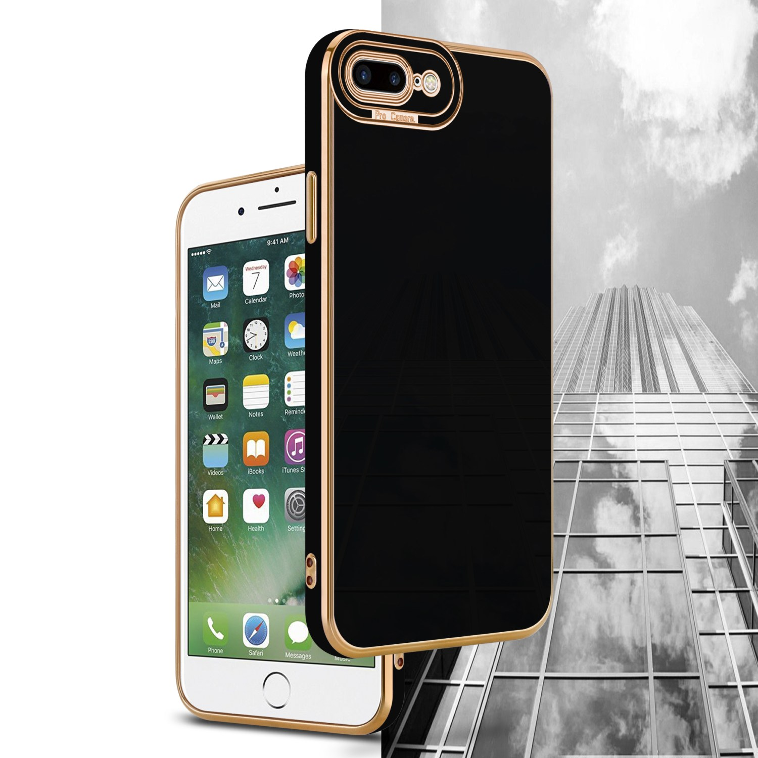 Zwei Telefone mit Hüllen. Eine schwarz-goldene Hülle. Andere zeigt Bildschirm.