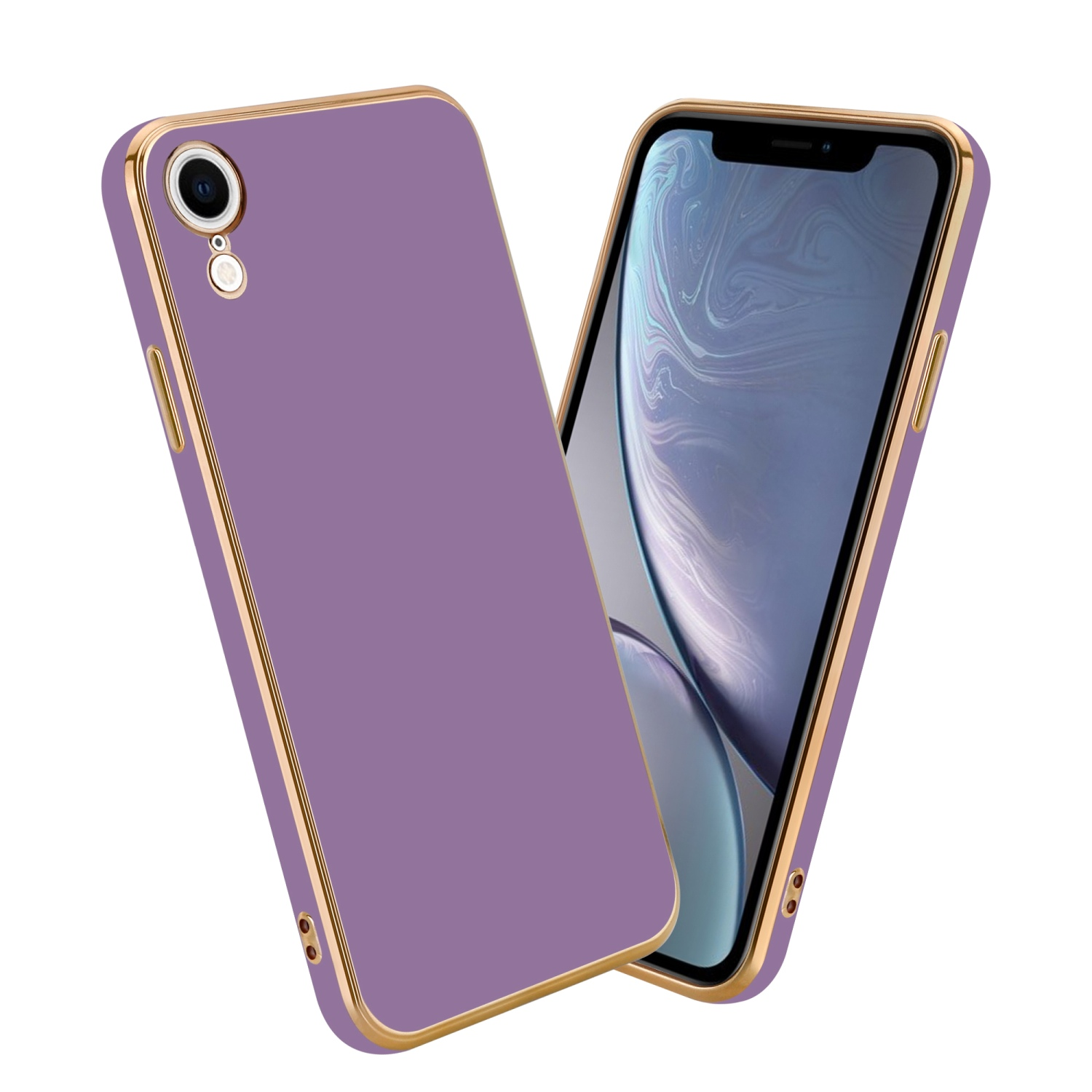 Ein Telefon in einer lila Hülle mit goldenem Rand. Der Telefonbildschirm ist eingeschaltet und zeigt die Oberfläche.
