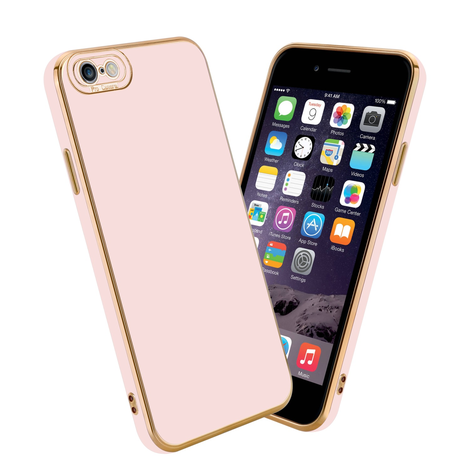 Zwei rosa Handyhüllen mit Goldrand, eine mit Telefon, auf weißem Hintergrund.