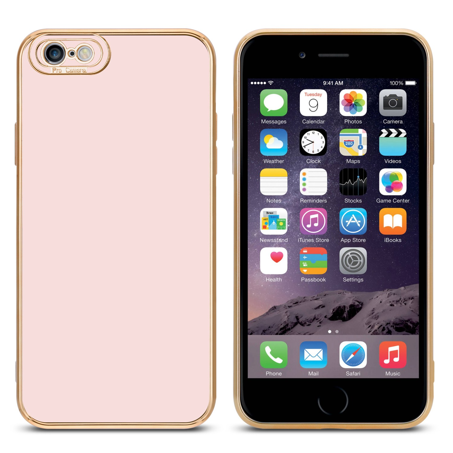 Rosa Handyhülle mit goldenem Rand, neben einem Telefon, das die Oberfläche zeigt.