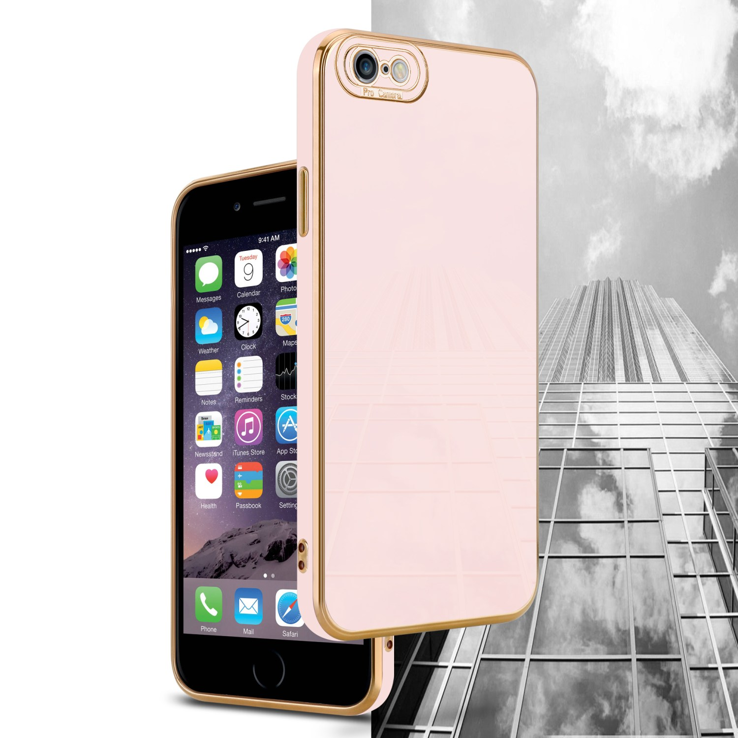 Pinkfarbene Handyhülle mit goldenem Rand und Telefon mit sichtbarem Bildschirm. Gebäudehintergrund.