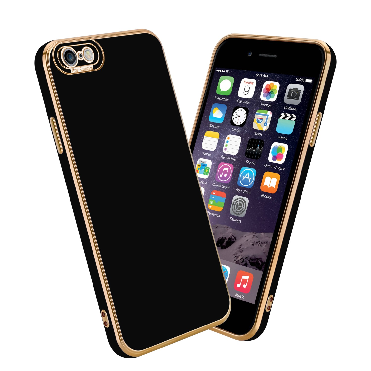 Eine schwarze Handyhülle mit goldenem Rand. Der Telefonbildschirm ist eingeschaltet und zeigt Apps.