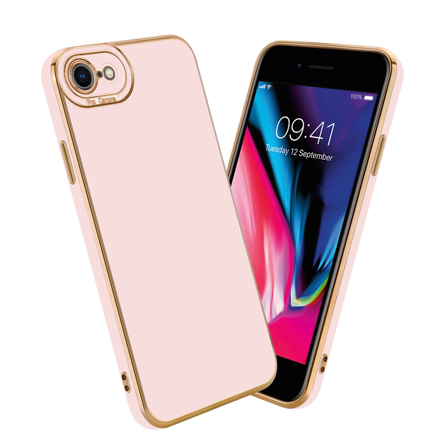 Rosa Handyhülle mit goldenem Rahmen und ein Handy mit Bildschirm. Das Handy ist rechts.