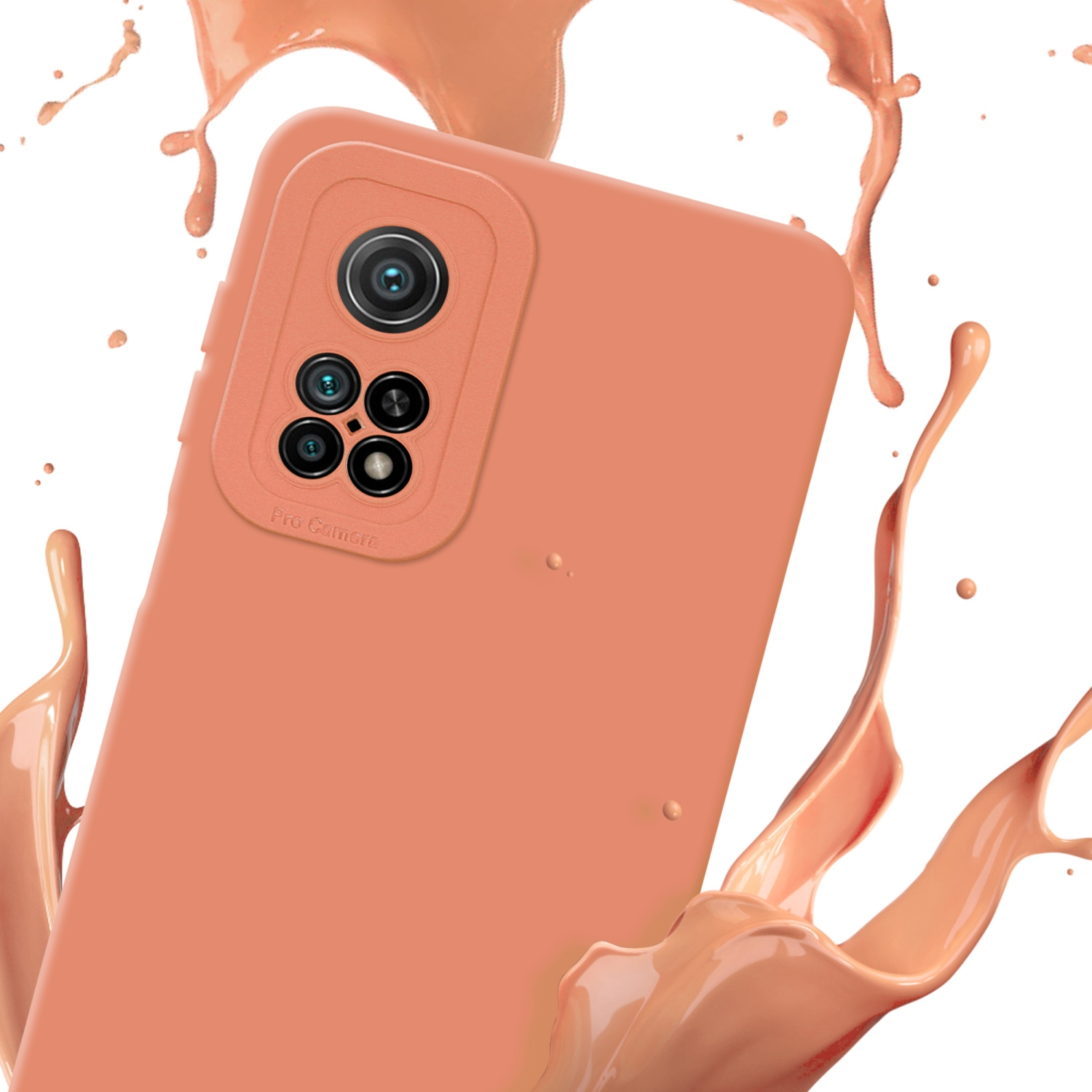Una custodia arancione con un rialzo per la fotocamera. Uno spruzzo di colore attorno alla custodia.