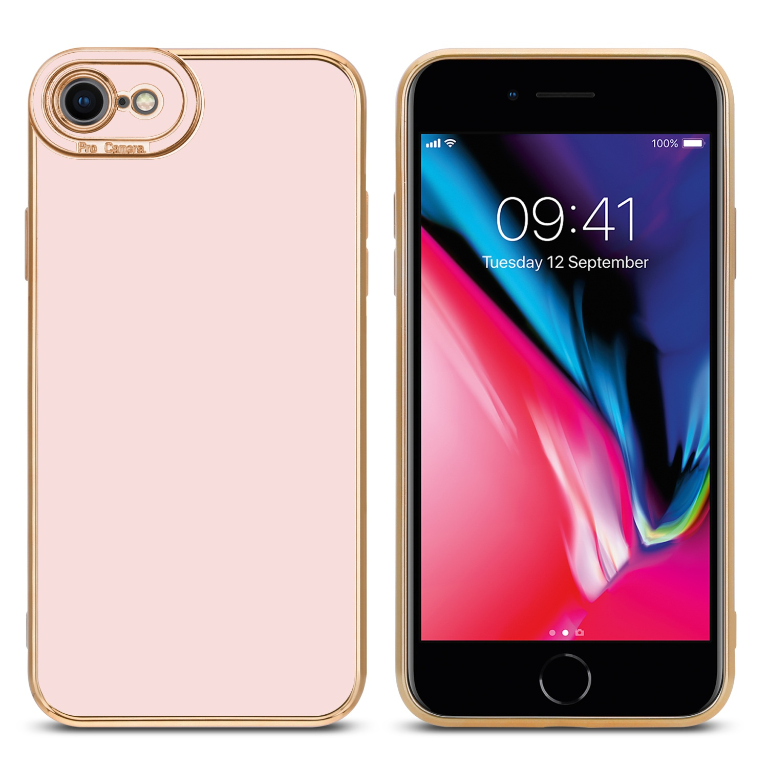 Rosa Telefon in goldener Hülle. Der Bildschirm zeigt die Uhrzeit und "Pro Camera" ist sichtbar.