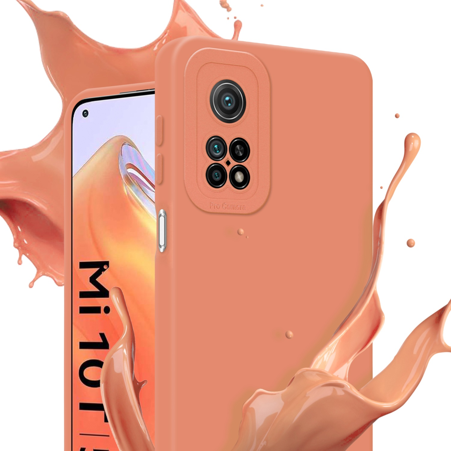 Un telefono e una custodia per telefono in uno spruzzo di colore pesca. Lo sfondo è sfocato.