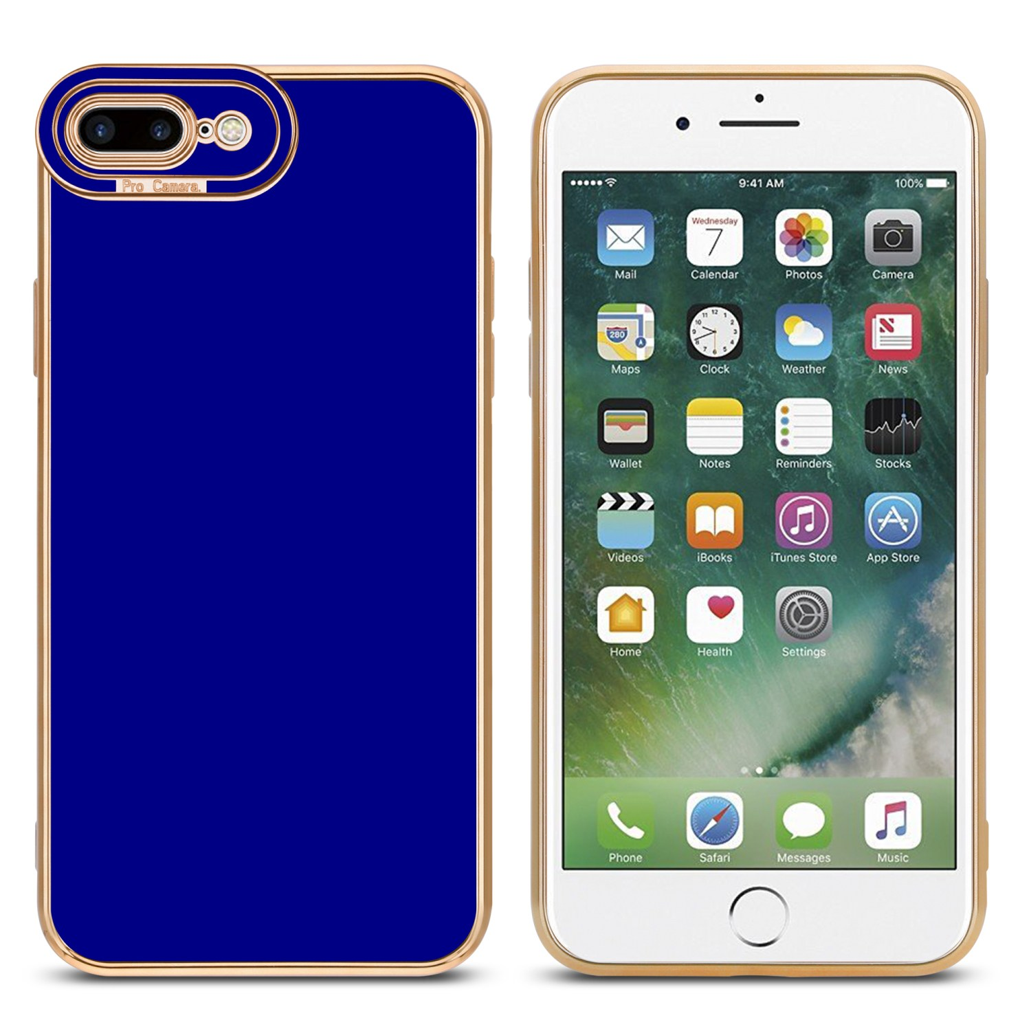 Goldene und blaue Handyhülle und ein Telefon. Telefon zeigt Apps an.