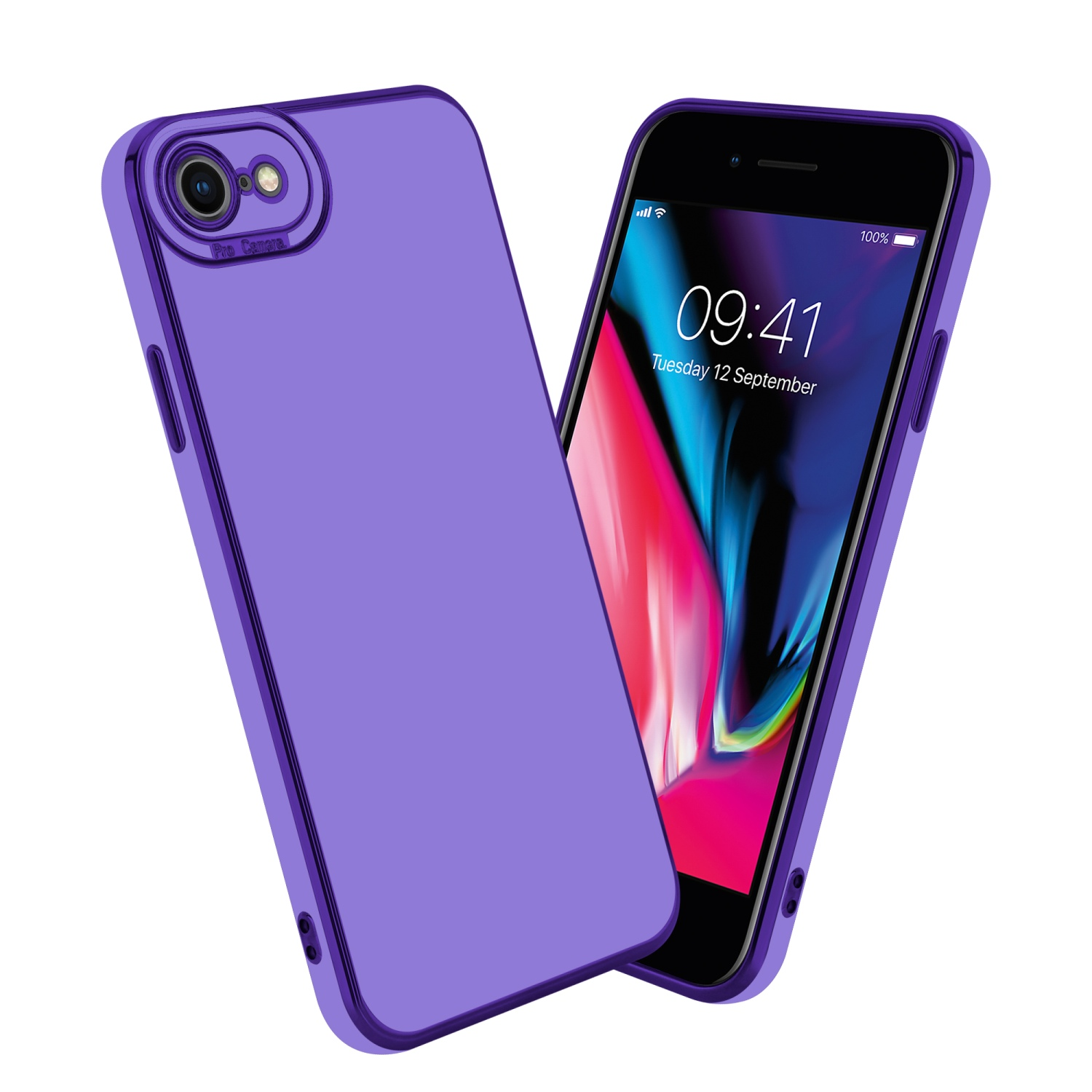 Lila Handycase, Telefon auf dem Display. Case hat Kameraausschnitt. Hintergrund ist weiß.