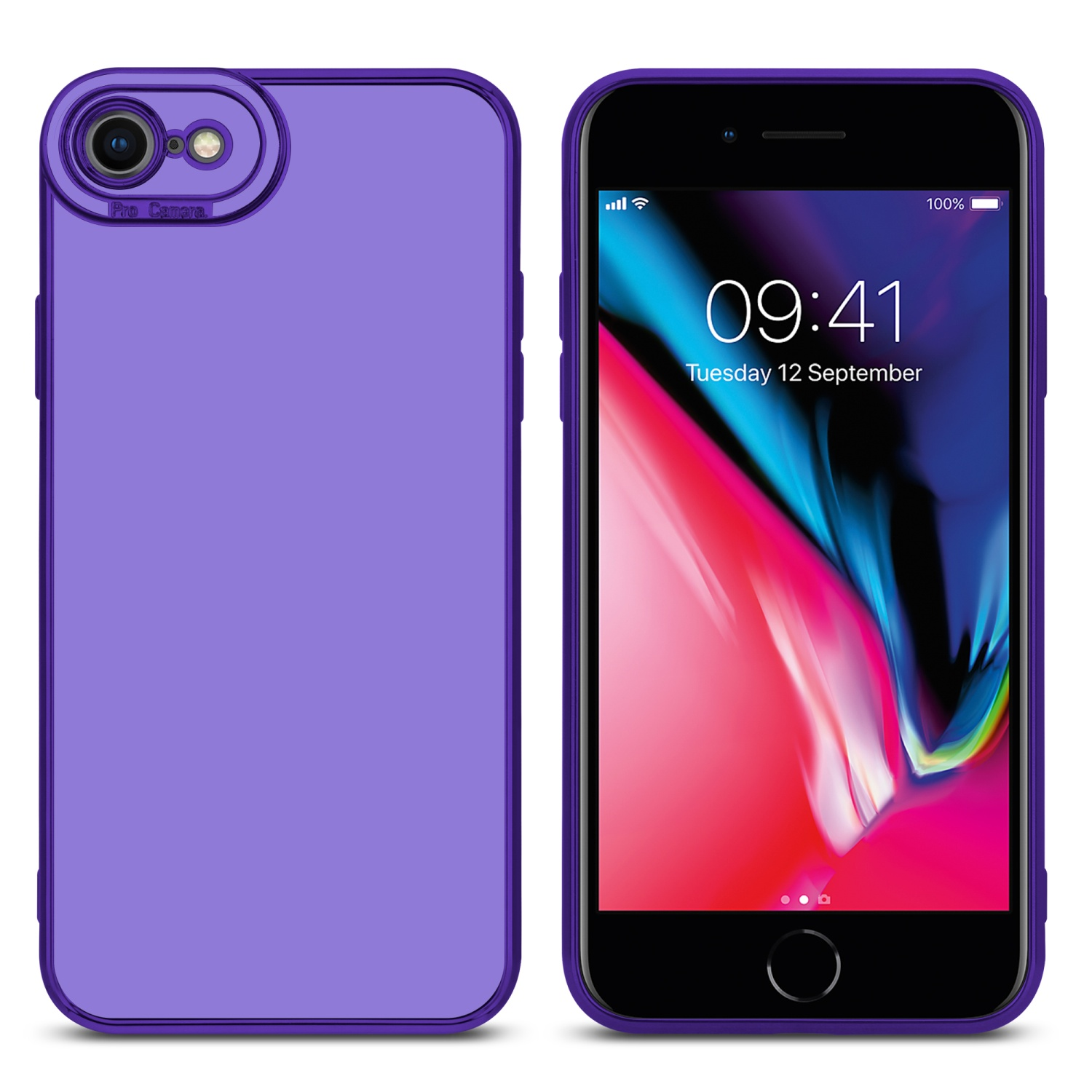 Lila Handyhülle links, Telefon mit Bildschirm rechts, beide lila.