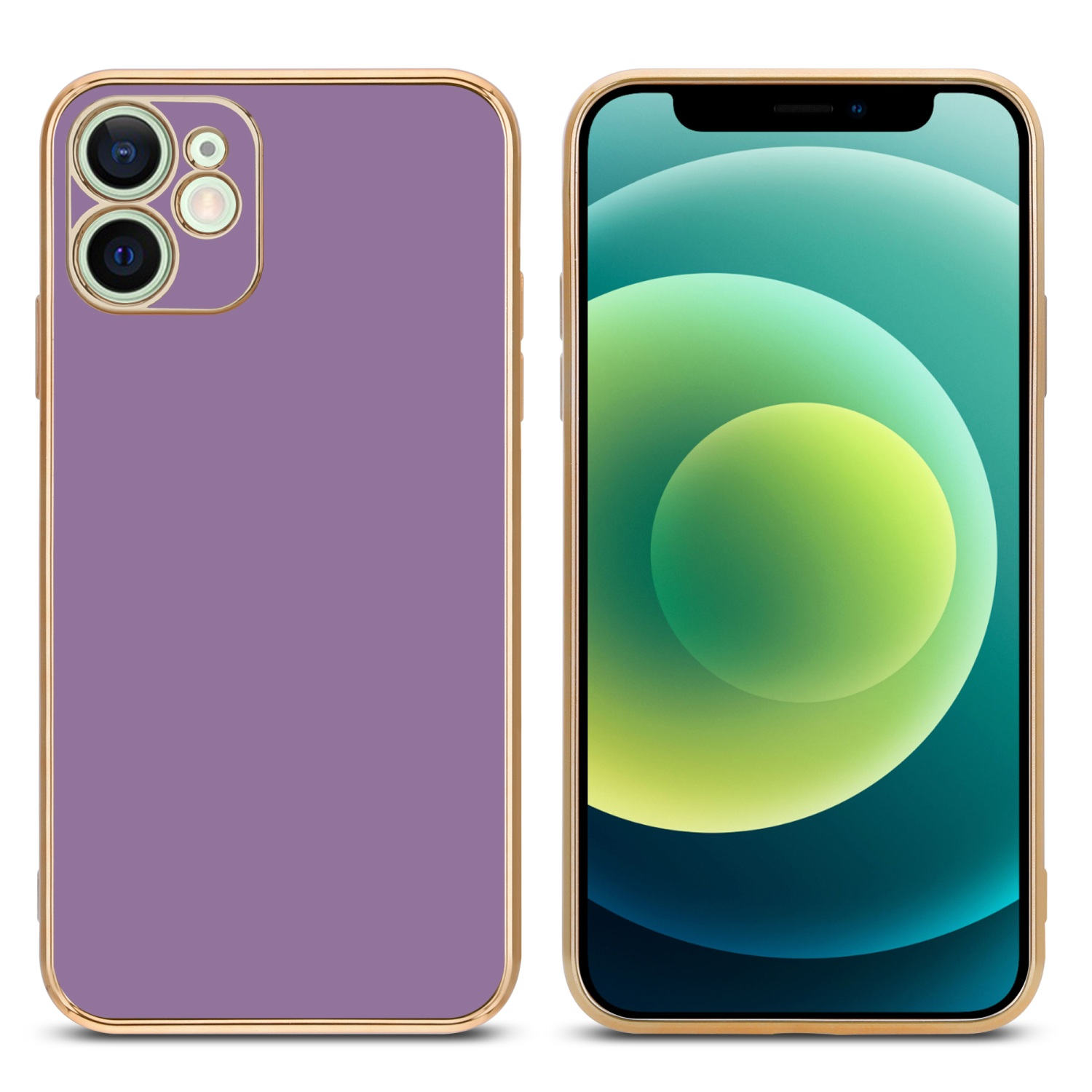 Zwei Telefone werden angezeigt. Ein Telefon befindet sich in einer lila Hülle mit goldfarbenem Rand.