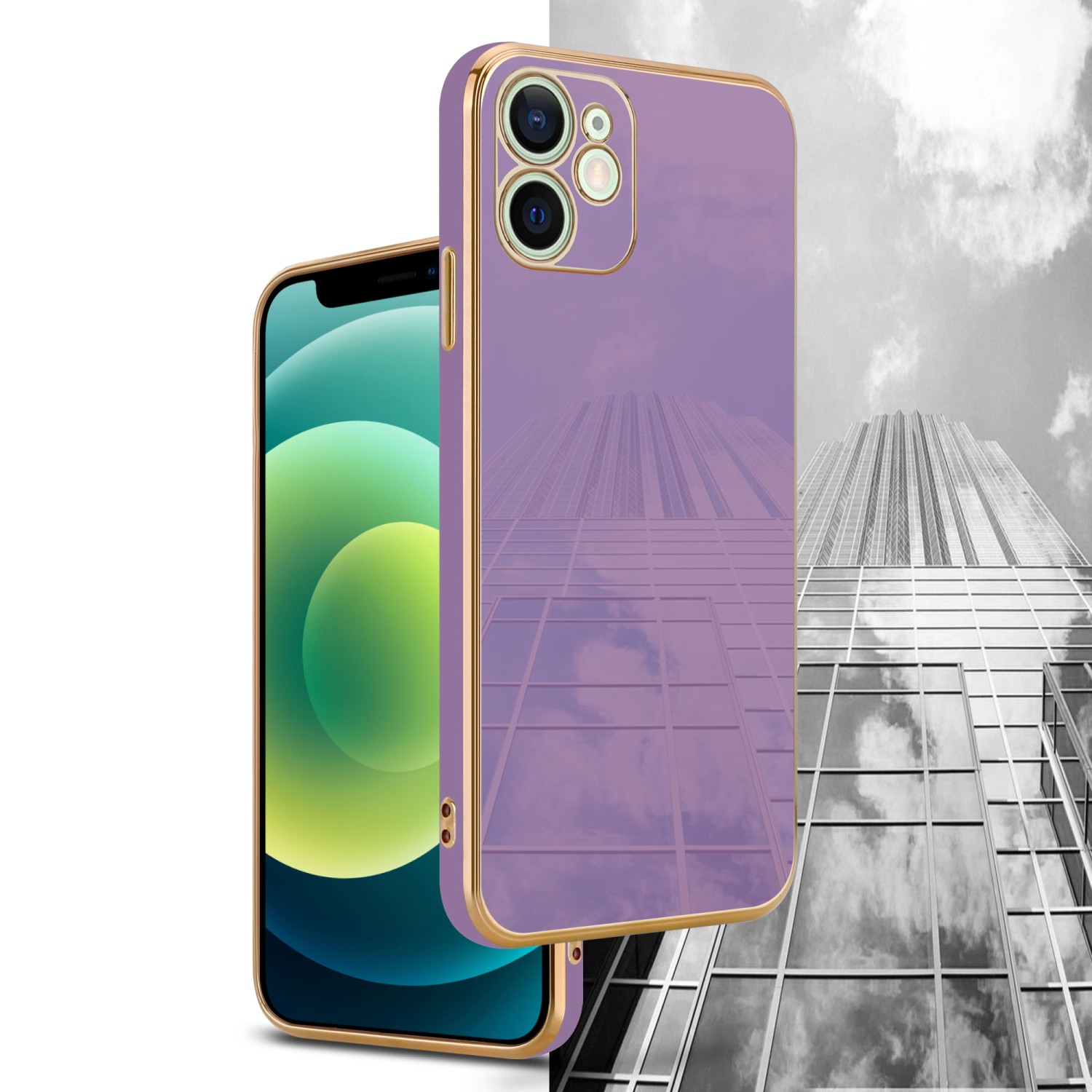Handyhülle und Handy. Die Hülle ist lila mit goldenem Rand und spiegelt ein Gebäude wider. Der Bildschirm zeigt ein grün-gelbes Bild.