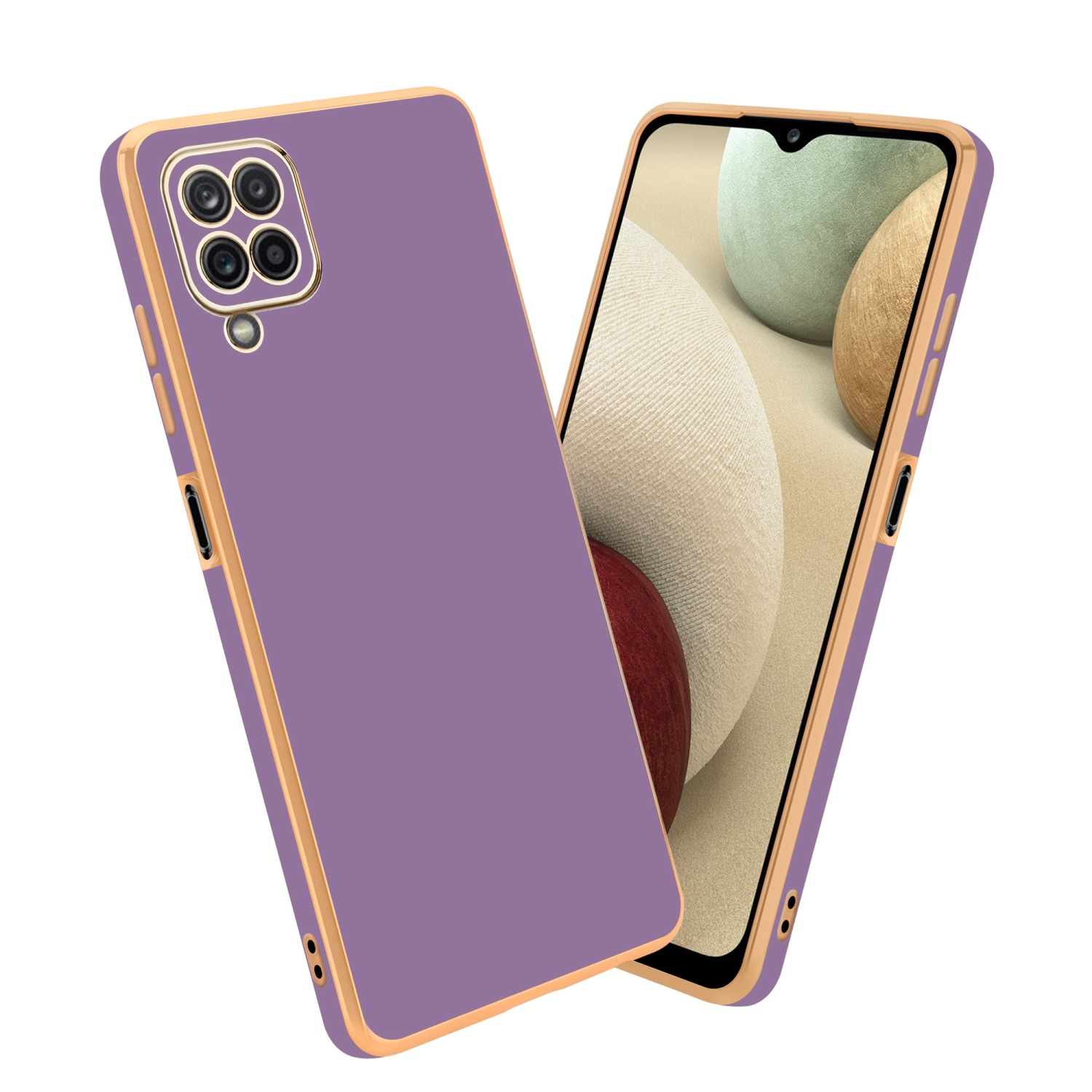 Lavendelfarbene Handyhülle mit goldenem Rand, Telefon darin. Das Telefon hat ein farbenfrohes Display.
