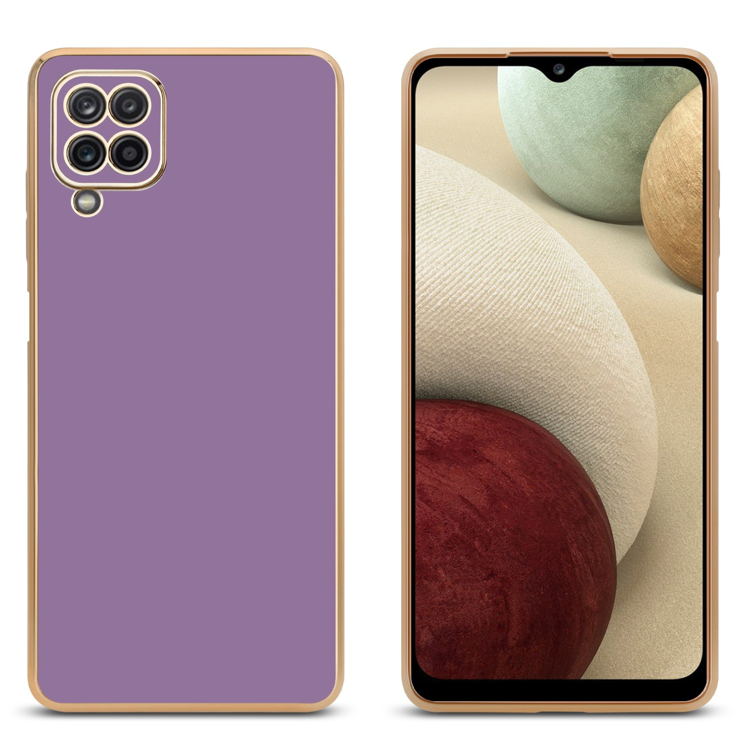 Ein Telefon und eine Hülle. Das Telefon zeigt einen bunten Hintergrund. Die Hülle ist lila mit goldenem Rand.