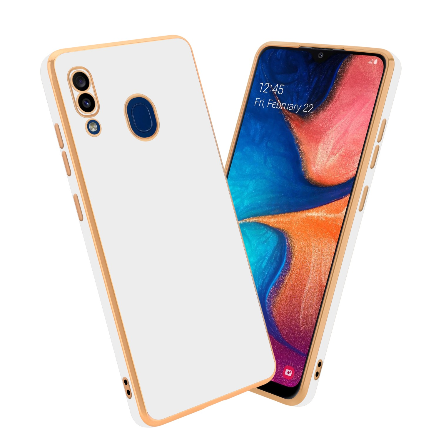 Eine weiße Handyhülle mit goldfarbenem Rand und ein Telefon mit farbenfrohem Display.