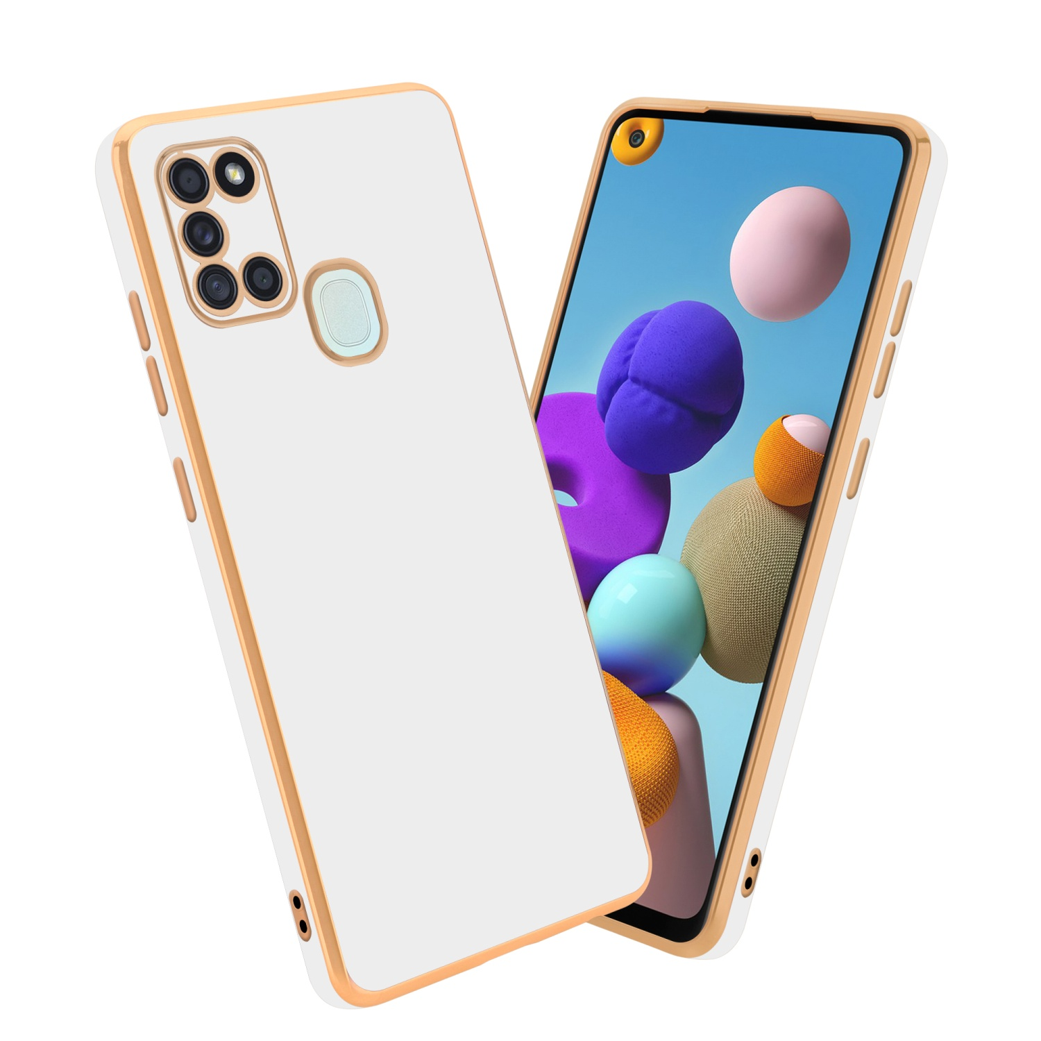 Zwei weiße Handyhüllen mit goldfarbenem Rand, eine mit einem Handy, das einen bunten Hintergrund zeigt.