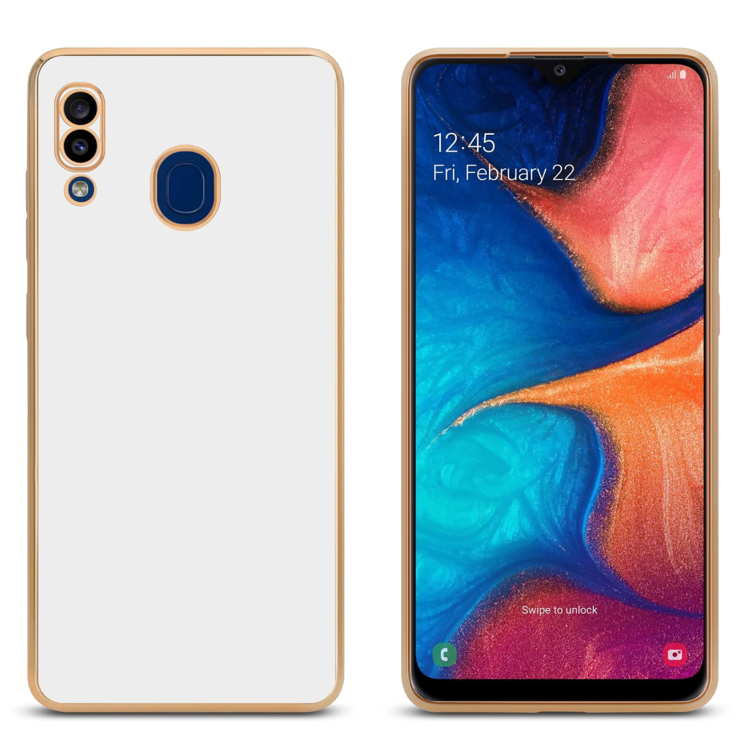 Zwei Telefone, eines mit goldenem Rahmen und das andere mit weißer Hülle.