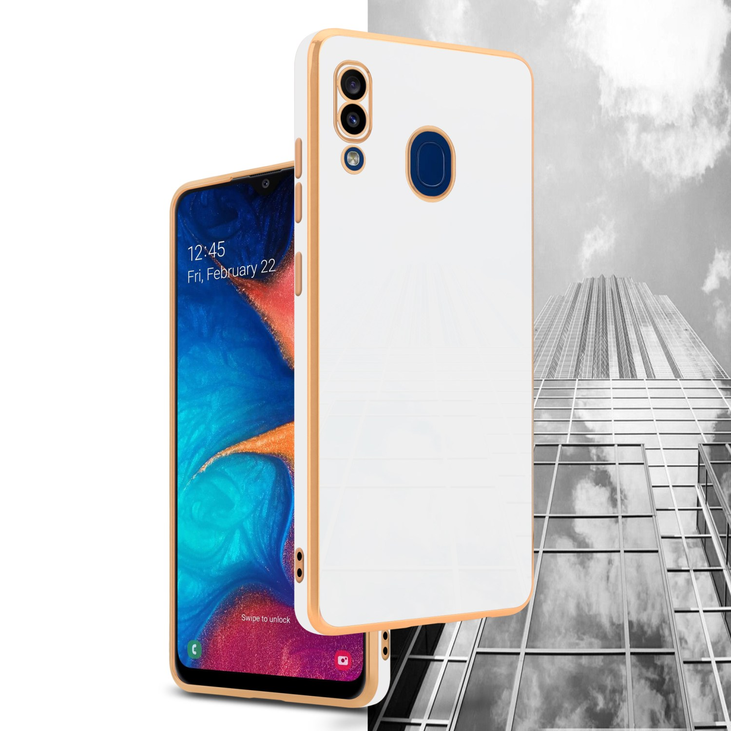 Ein Telefon und eine Hülle. Das Telefon zeigt einen farbenfrohen Bildschirm. Die Hülle ist weiß und gold. Ein Gebäude im Hintergrund.